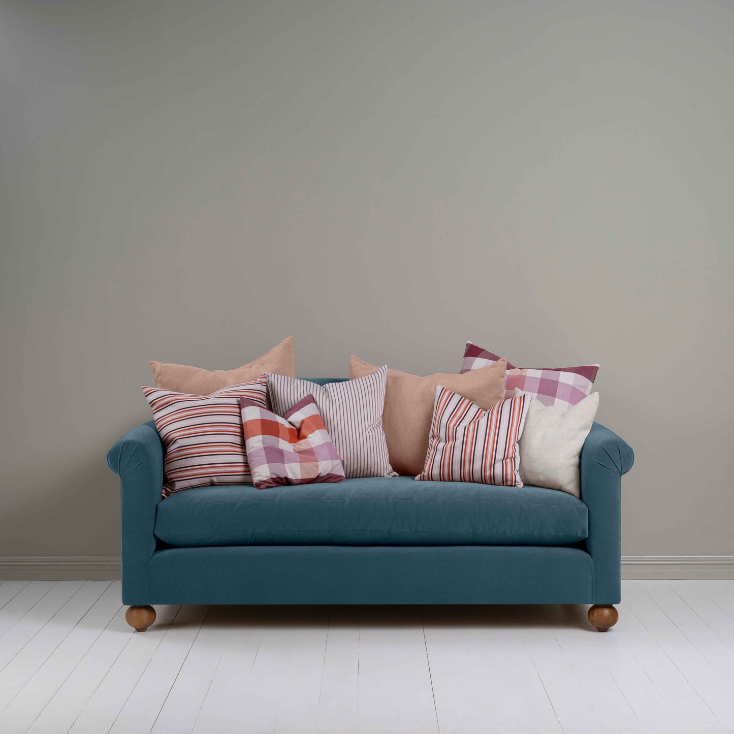 Dolittle 3 Seater Sofa in Intelligent Velvet Aegean, With Multiple NiX Cushions - Nicola Harding