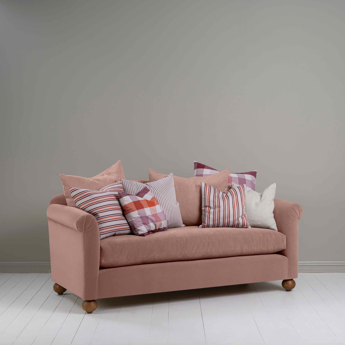 Dolittle 3 Seater Sofa in Intelligent Velvet Dusky Pink, With Multiple NiX Cushions - Nicola Harding