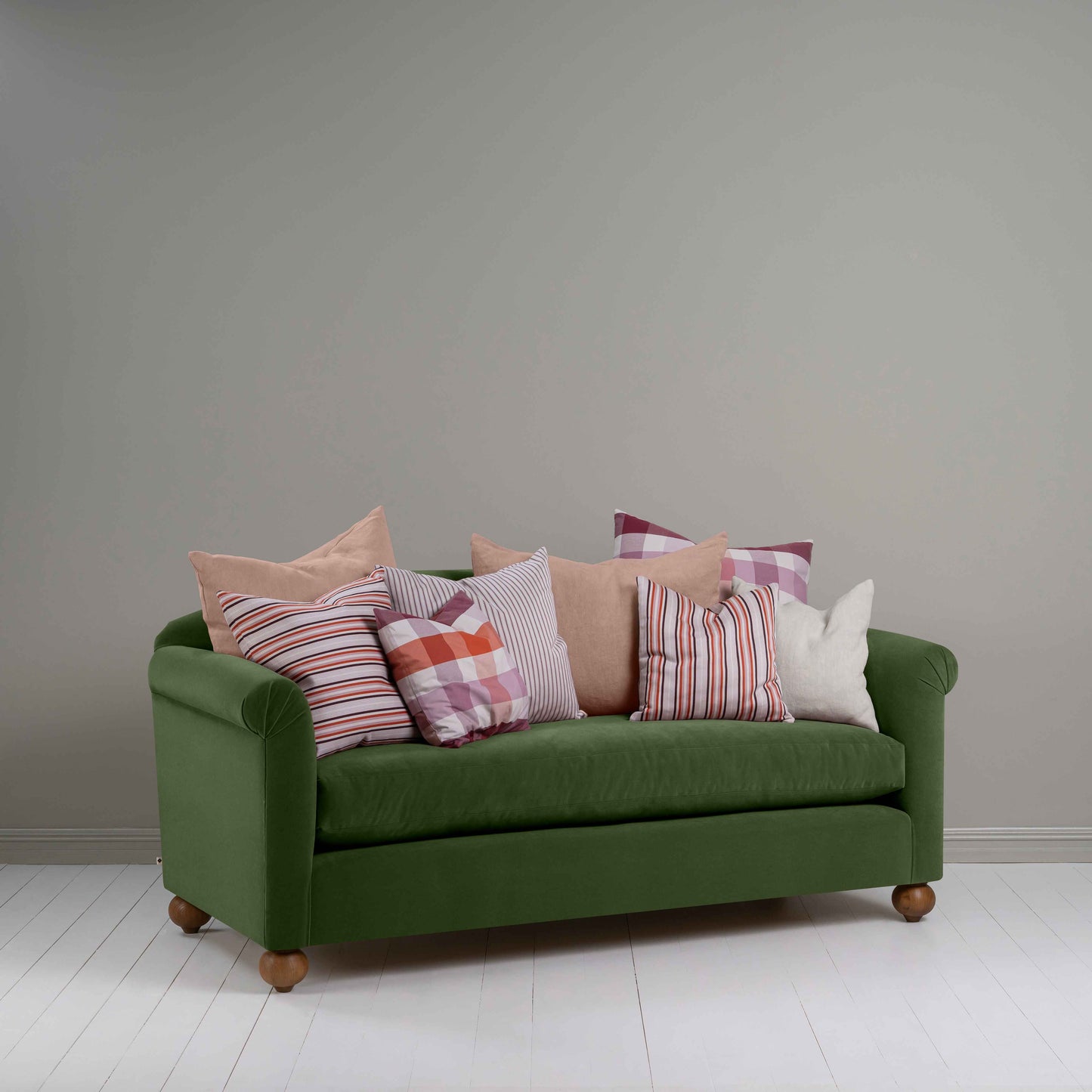 Dolittle 3 Seater Sofa in Intelligent Velvet Juniper, 8 NiX Square & Rectangle Cushions - Nicola Harding