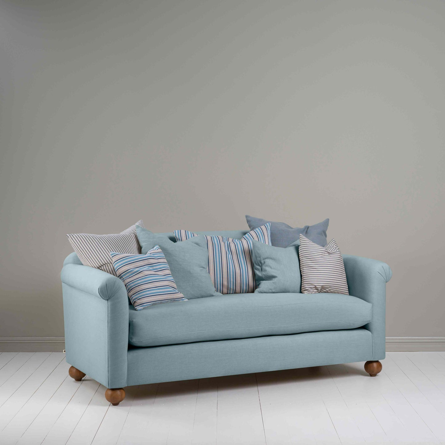 Dolittle 3-Seater Sofa in Laidback Linen Cerulean, With Two Matching Cushions, And Five Special Cushions - Nicola Harding