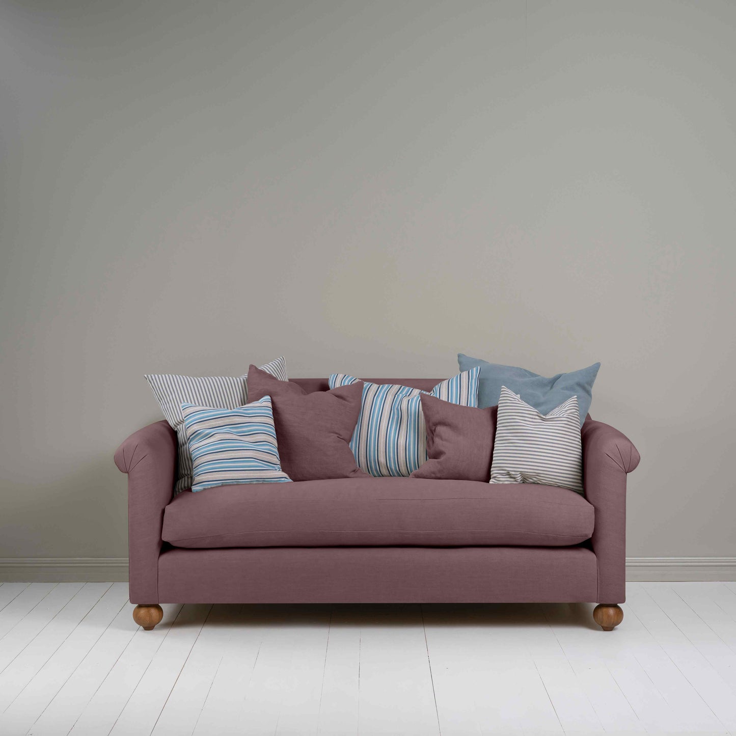 Dolittle 3-Seater Sofa in Laidback Linen Damson, With Seven NiX Cushions - Nicola Harding