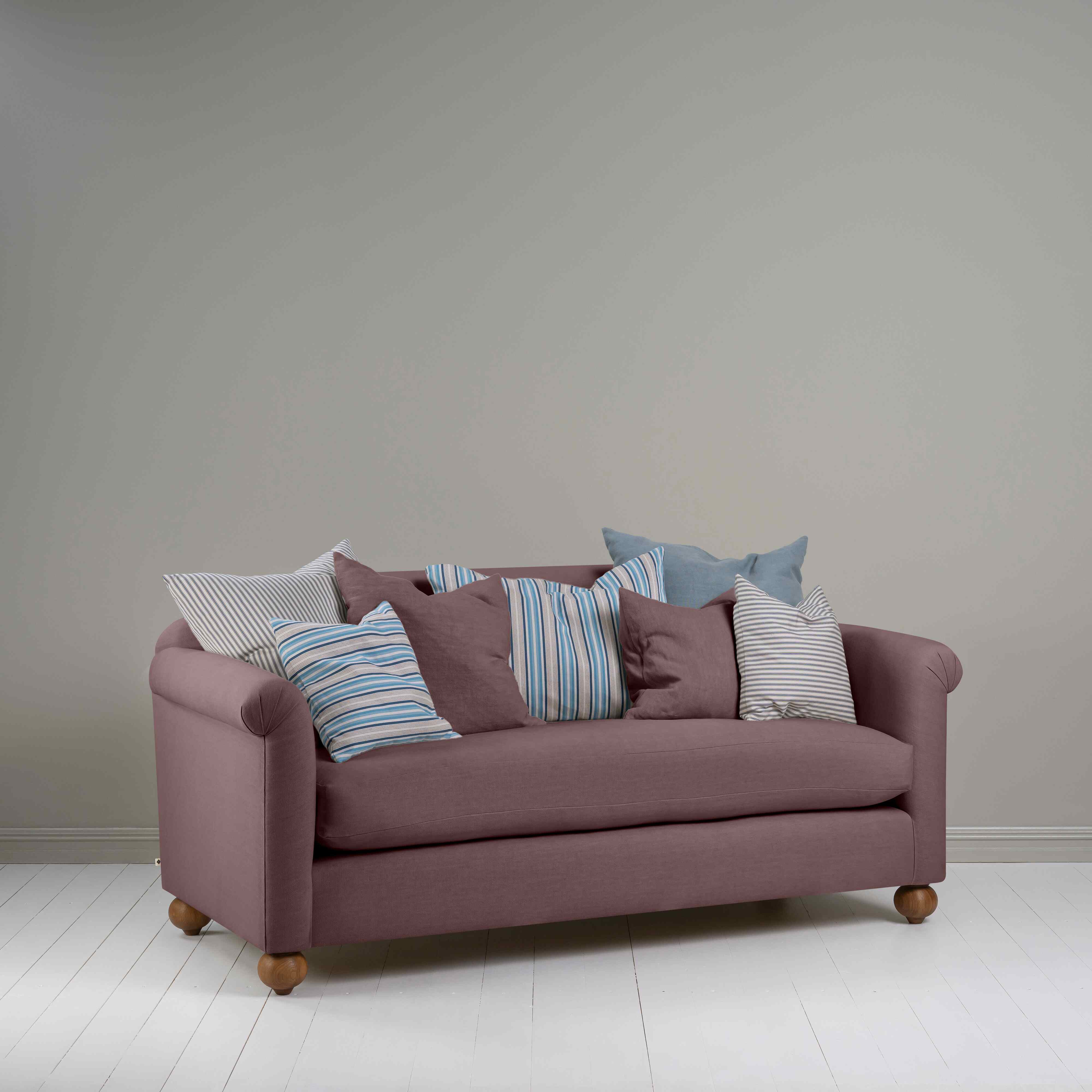 Dolittle 3-Seater Sofa in Laidback Linen Damson, With Two Matching and Five Special Cushions - Nicola Harding