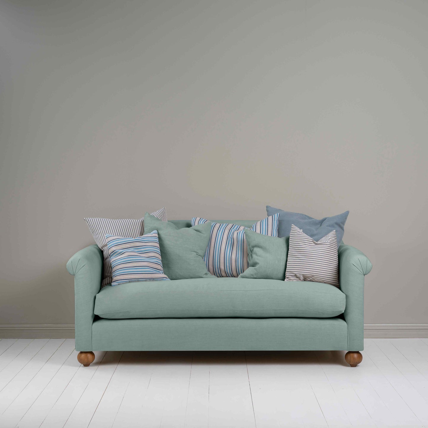 Dolittle 3 Seater Sofa in Laidback Linen Mineral, With 2 Matching Cushions and 5 Other Fabric Cushions - Nicola Harding