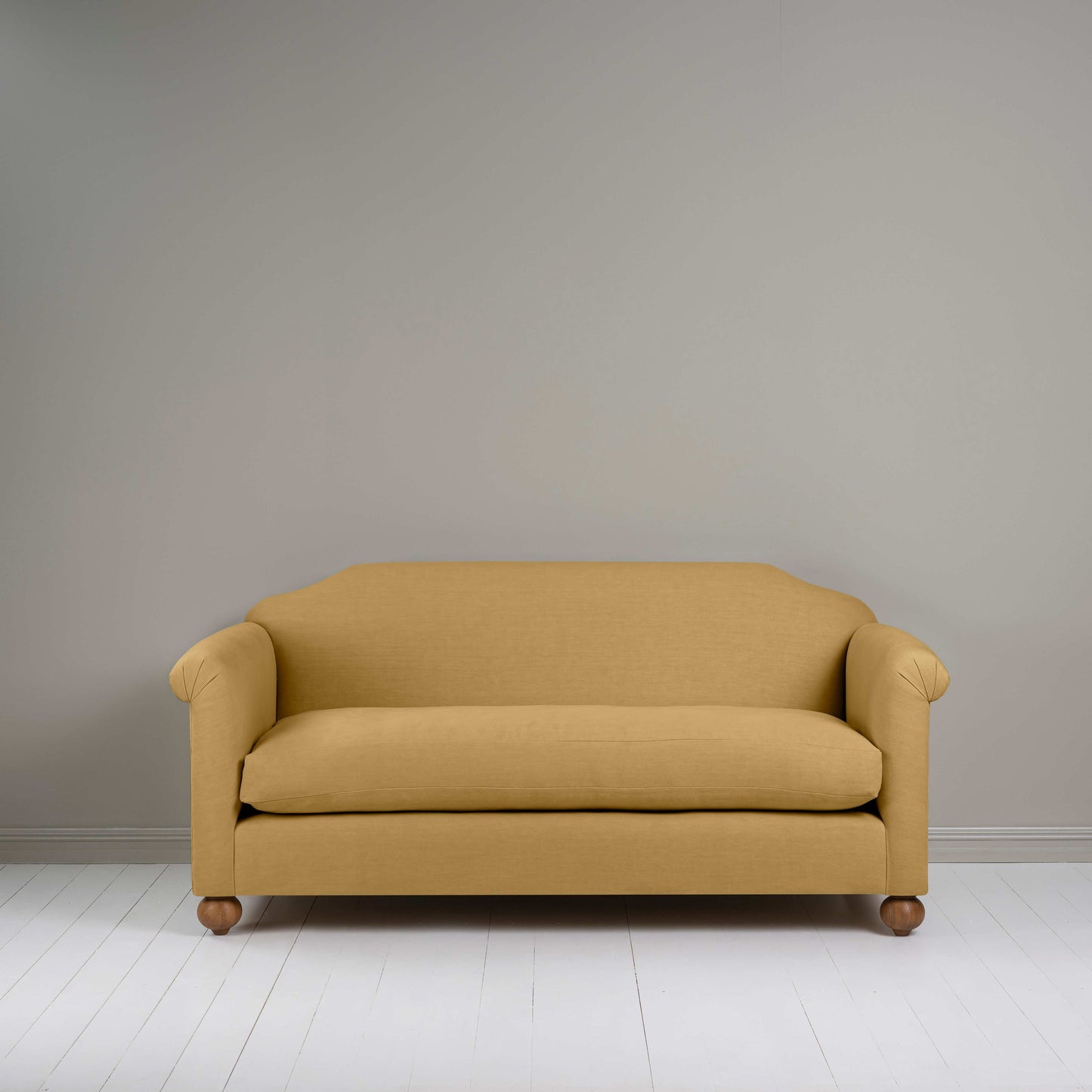 Dolittle 3 Seater Sofa in Laidback Linen Ochre, Front View - Nicola Harding