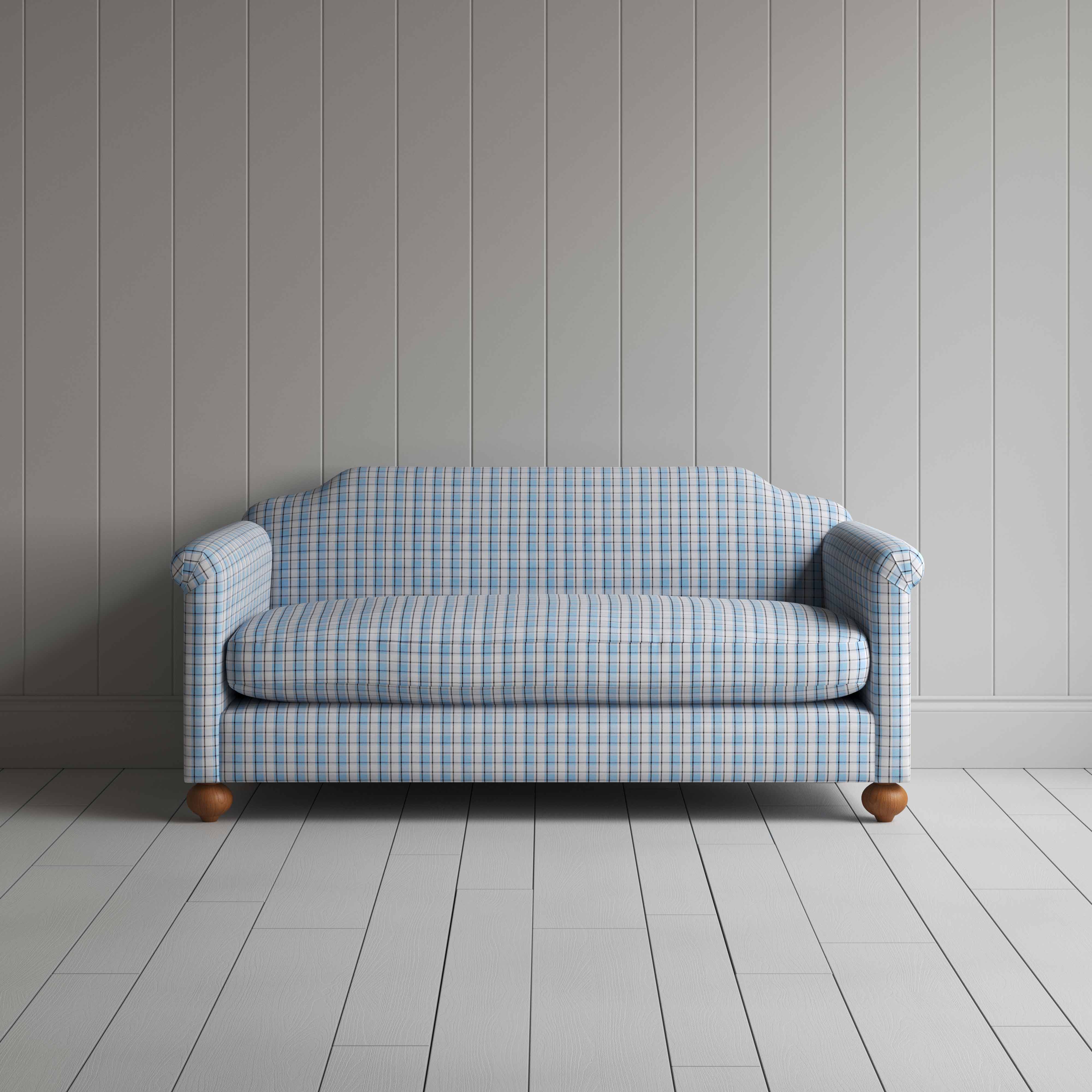 Dolittle 3 Seater Sofa in Square Deal Cotton, Blue Brown, Front View - Nicola Harding