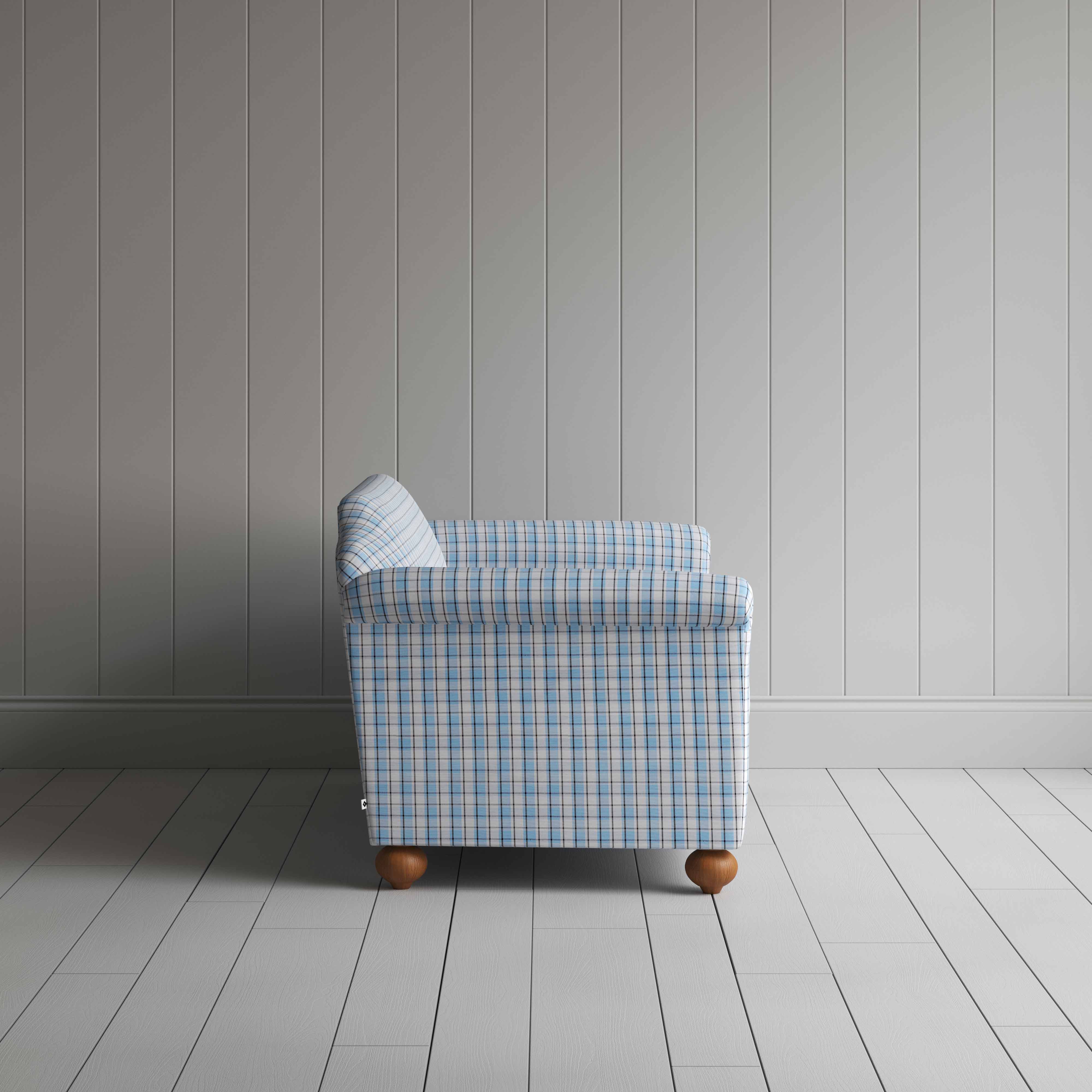 Dolittle 3 Seater Sofa in Square Deal Cotton, Blue Brown, Side View - Nicola Harding