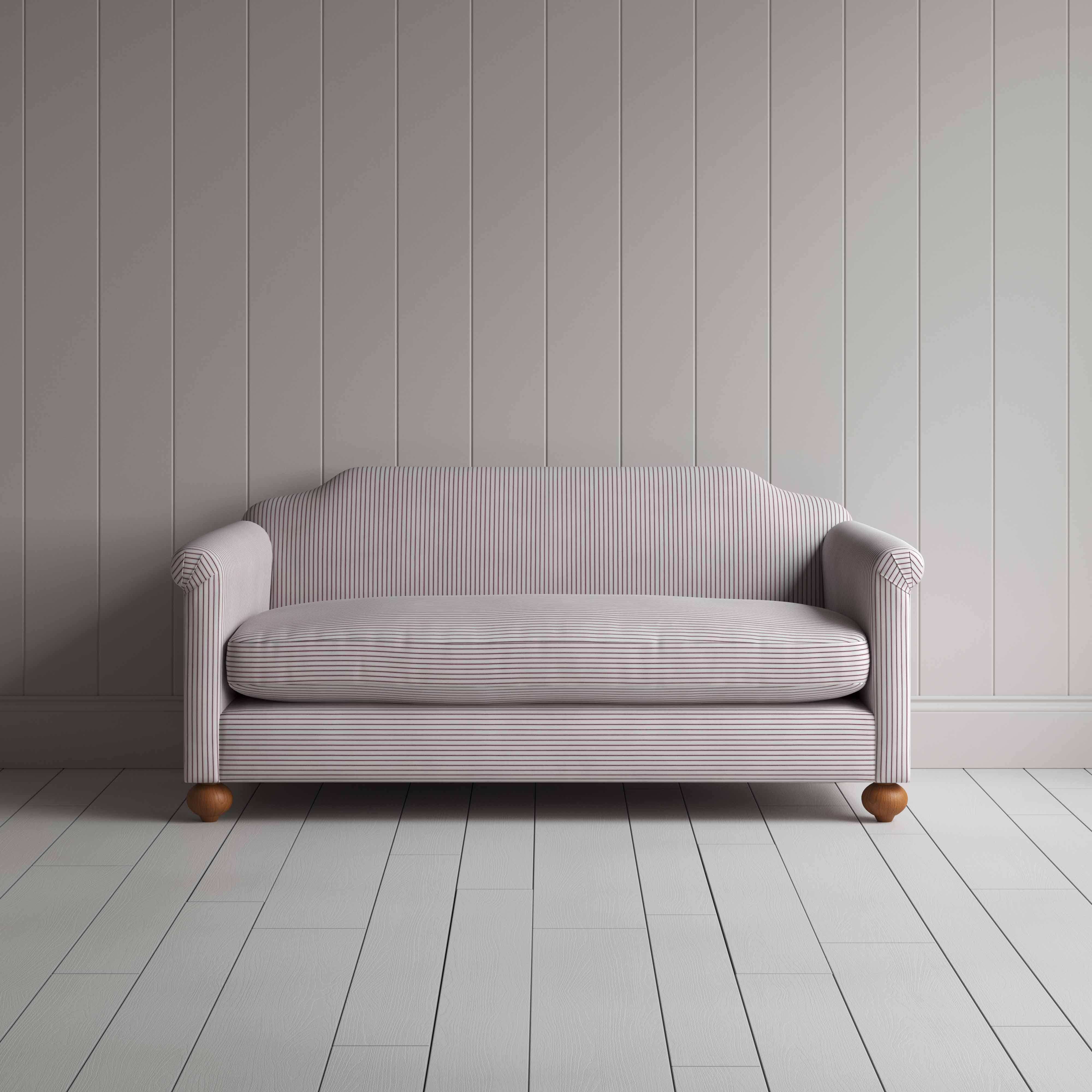Dolittle 3 Seater Sofa in Ticking Cotton, Berry, Front View - Nicola Harding