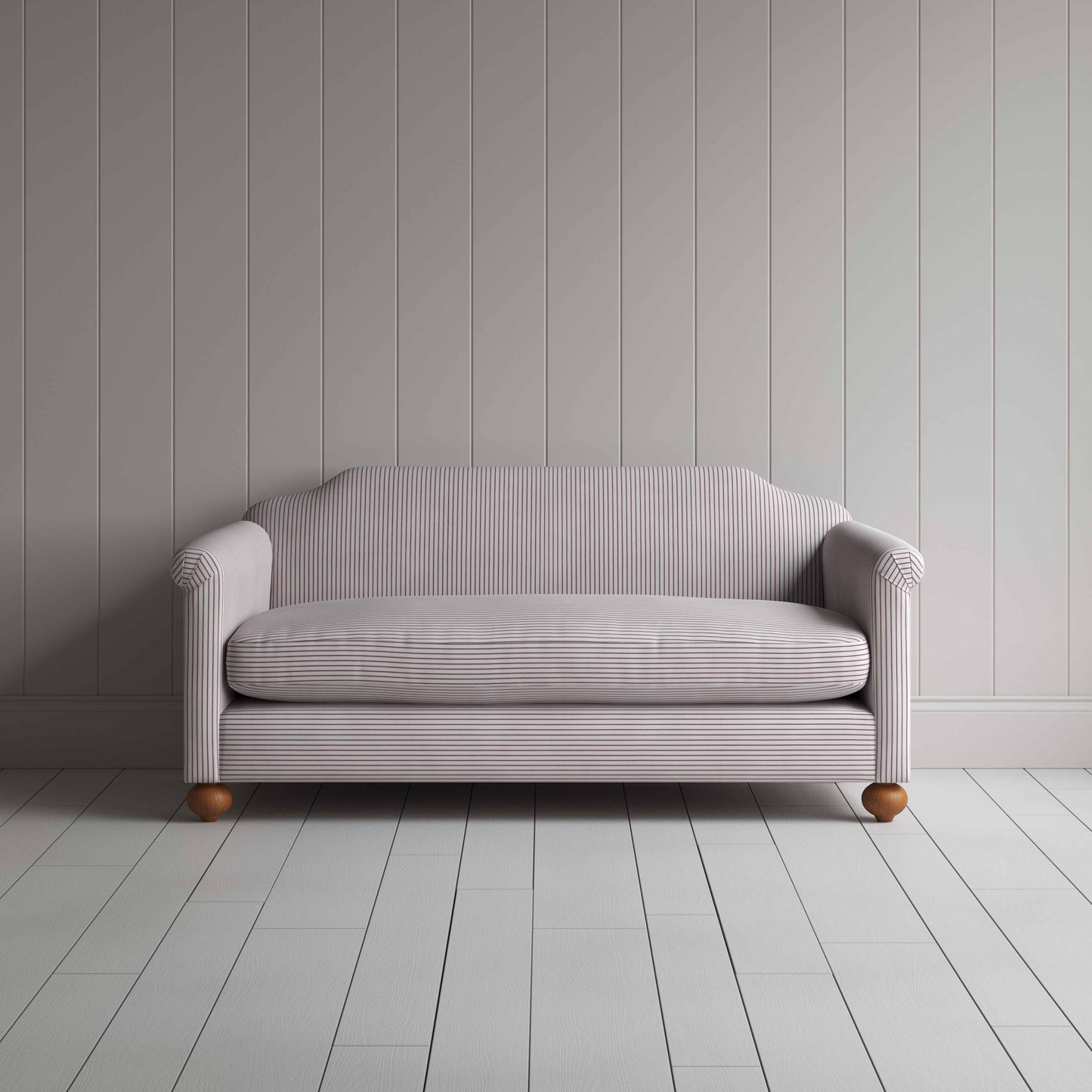 Dolittle 3 Seater Sofa in Ticking Cotton, Berry, Front View - Nicola Harding