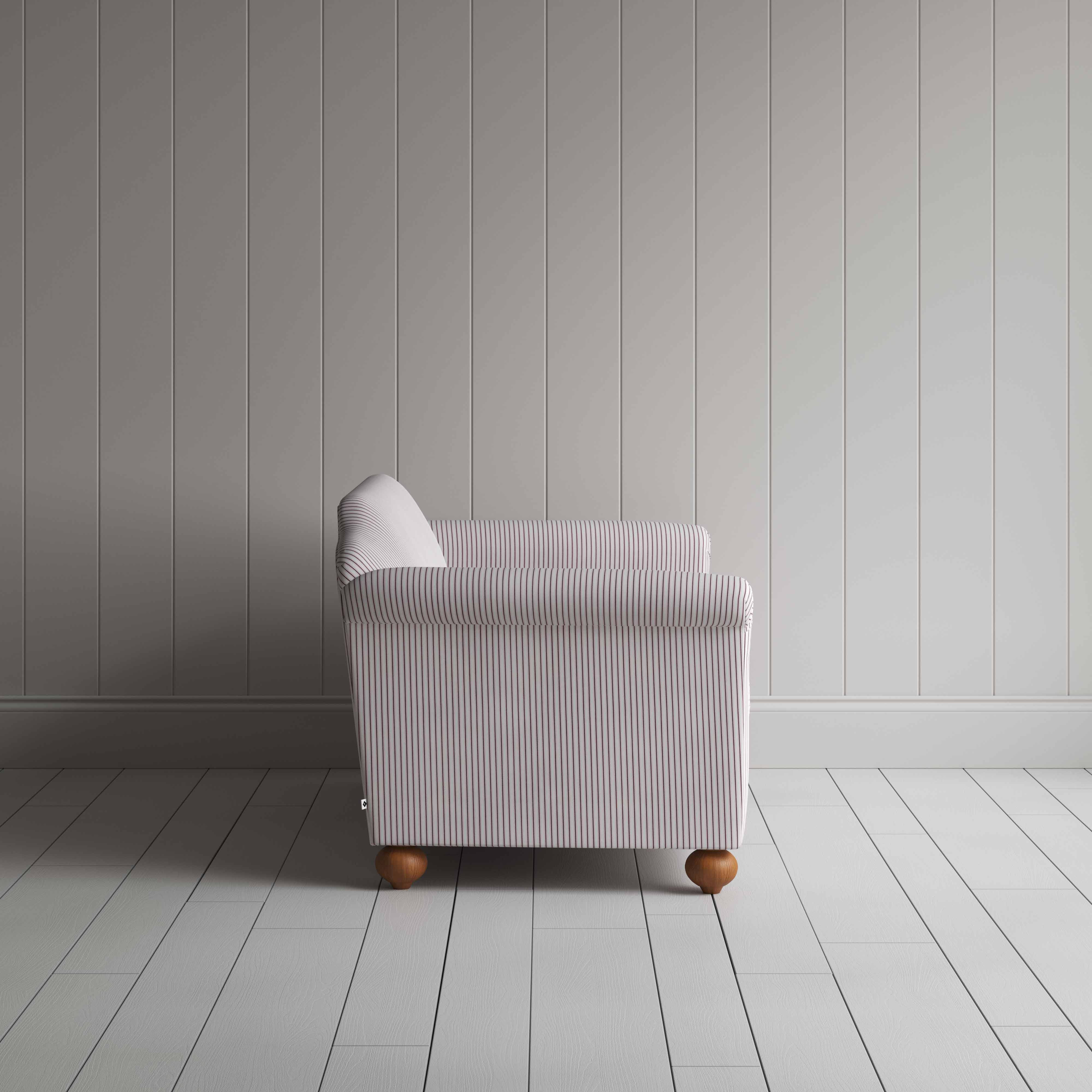Dolittle 3 Seater Sofa in Ticking Cotton, Berry, Side View - Nicola Harding