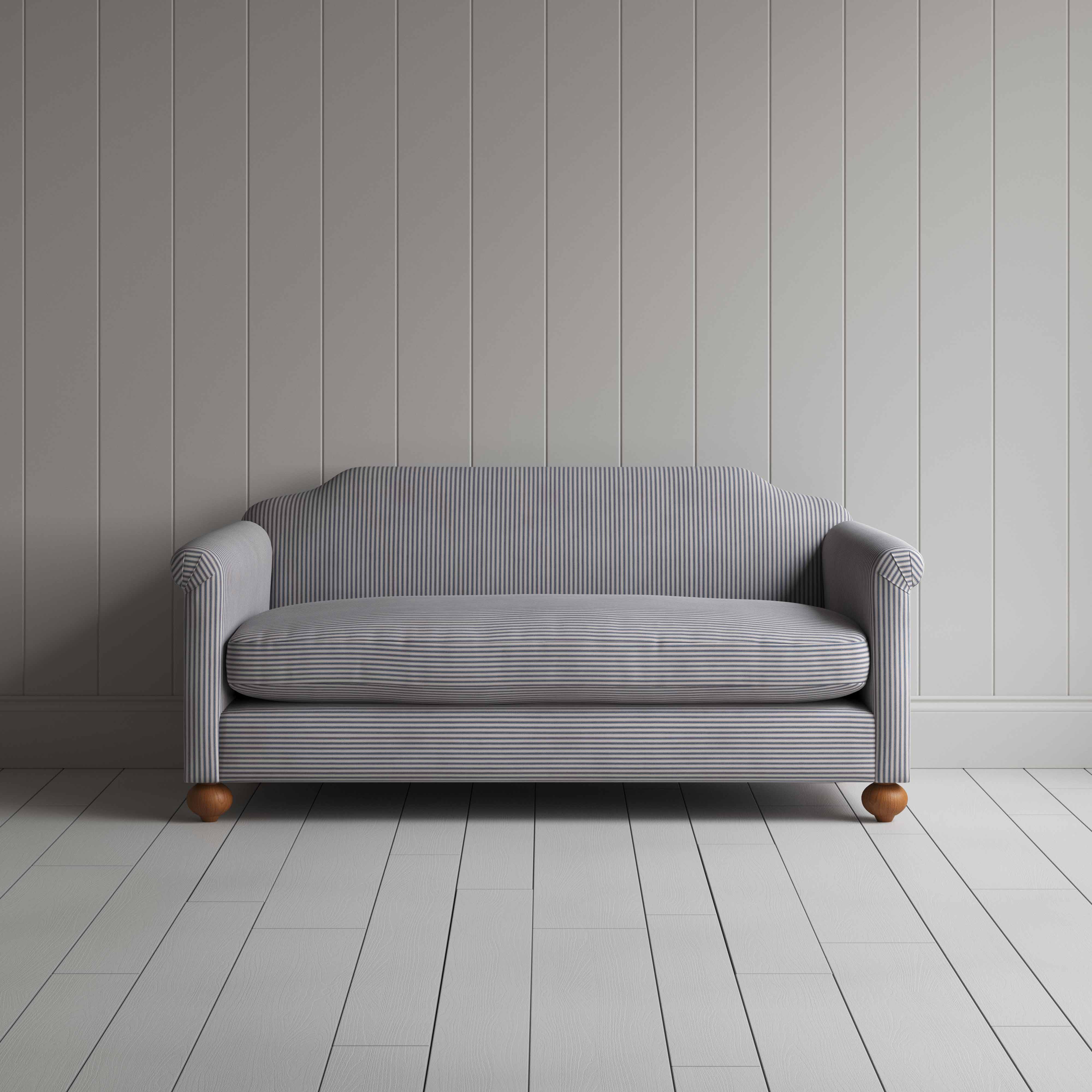 Dolittle 3 Seater Sofa in Ticking Cotton, Blue Brown, Front View - Nicola Harding