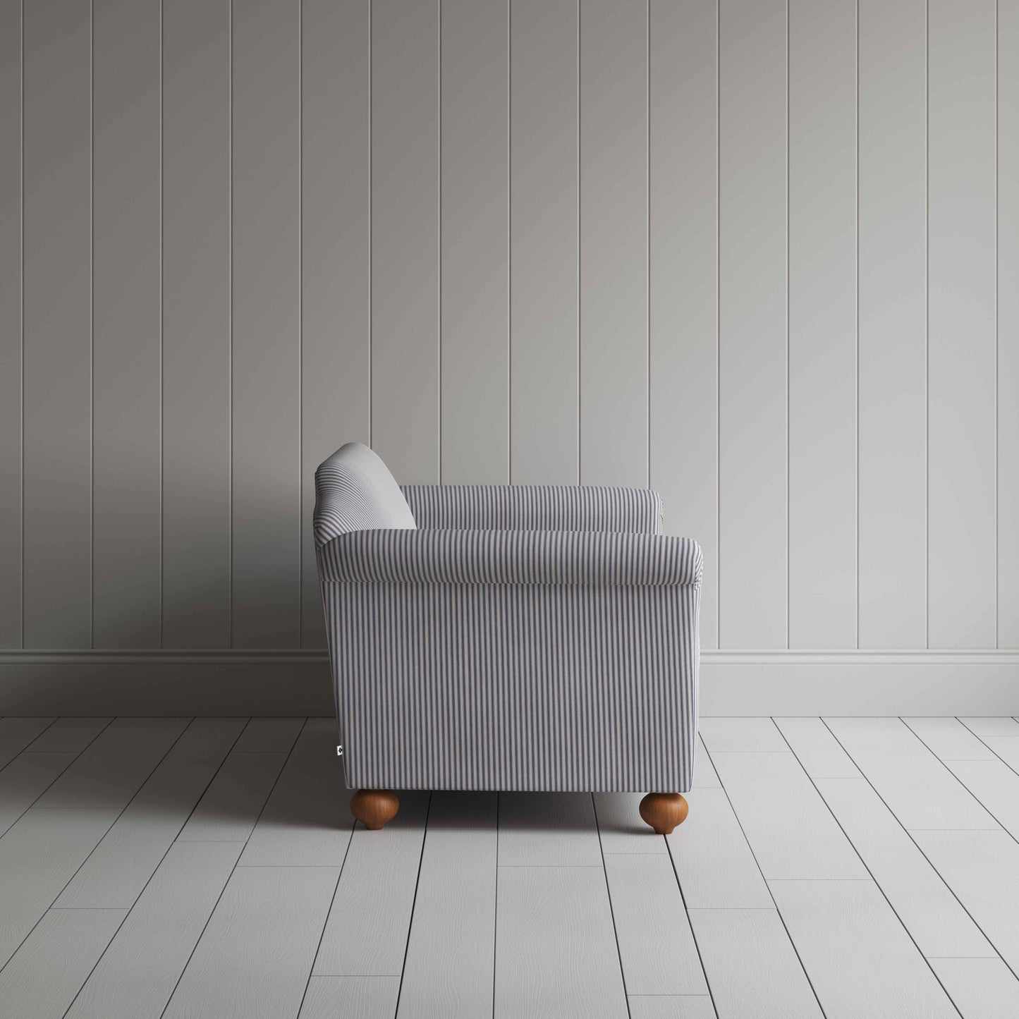 Dolittle 3 Seater Sofa in Ticking Cotton, Blue Brown, Side View - Nicola Harding