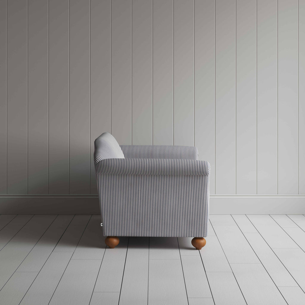 Dolittle 3 Seater Sofa in Ticking Cotton, Blue Brown, Side View - Nicola Harding