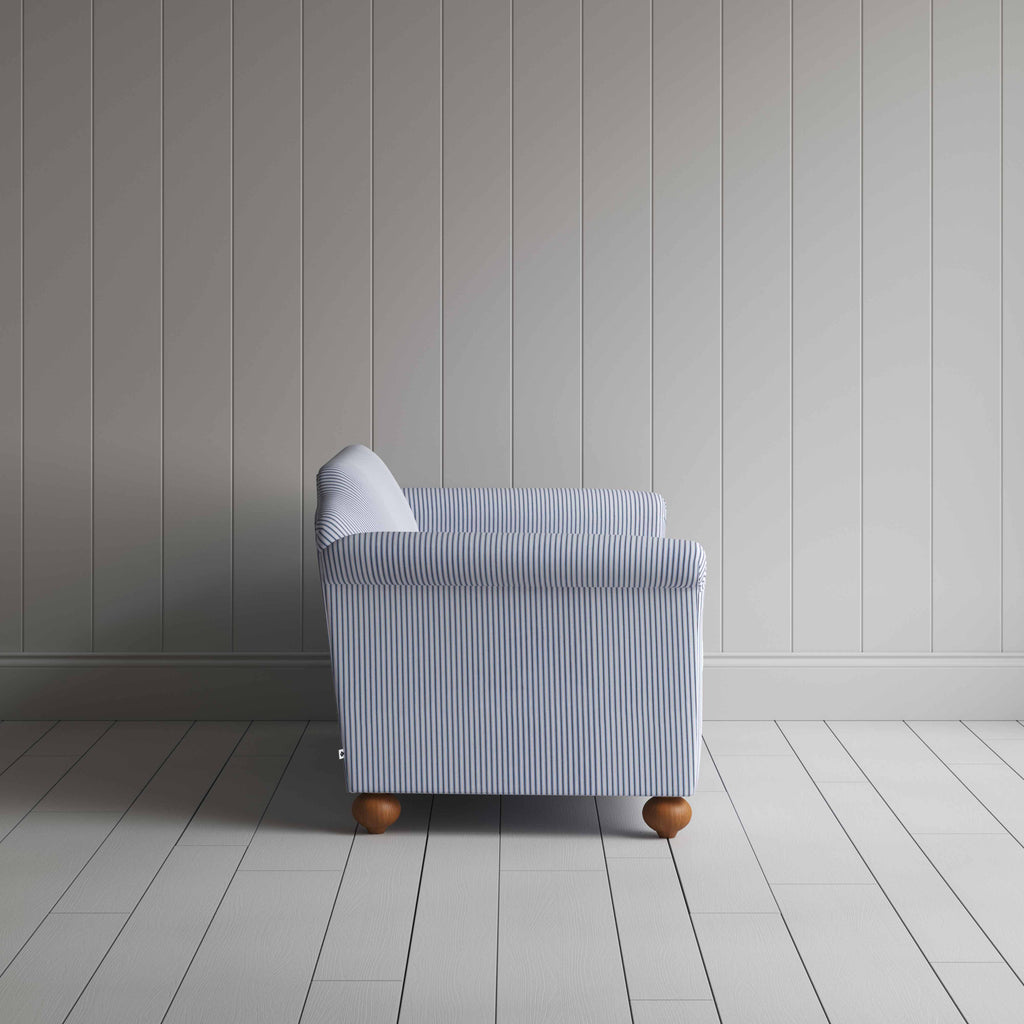 Dolittle 3 Seater Sofa in Ticking Cotton, Aqua Brown, Side View - Nicola Harding