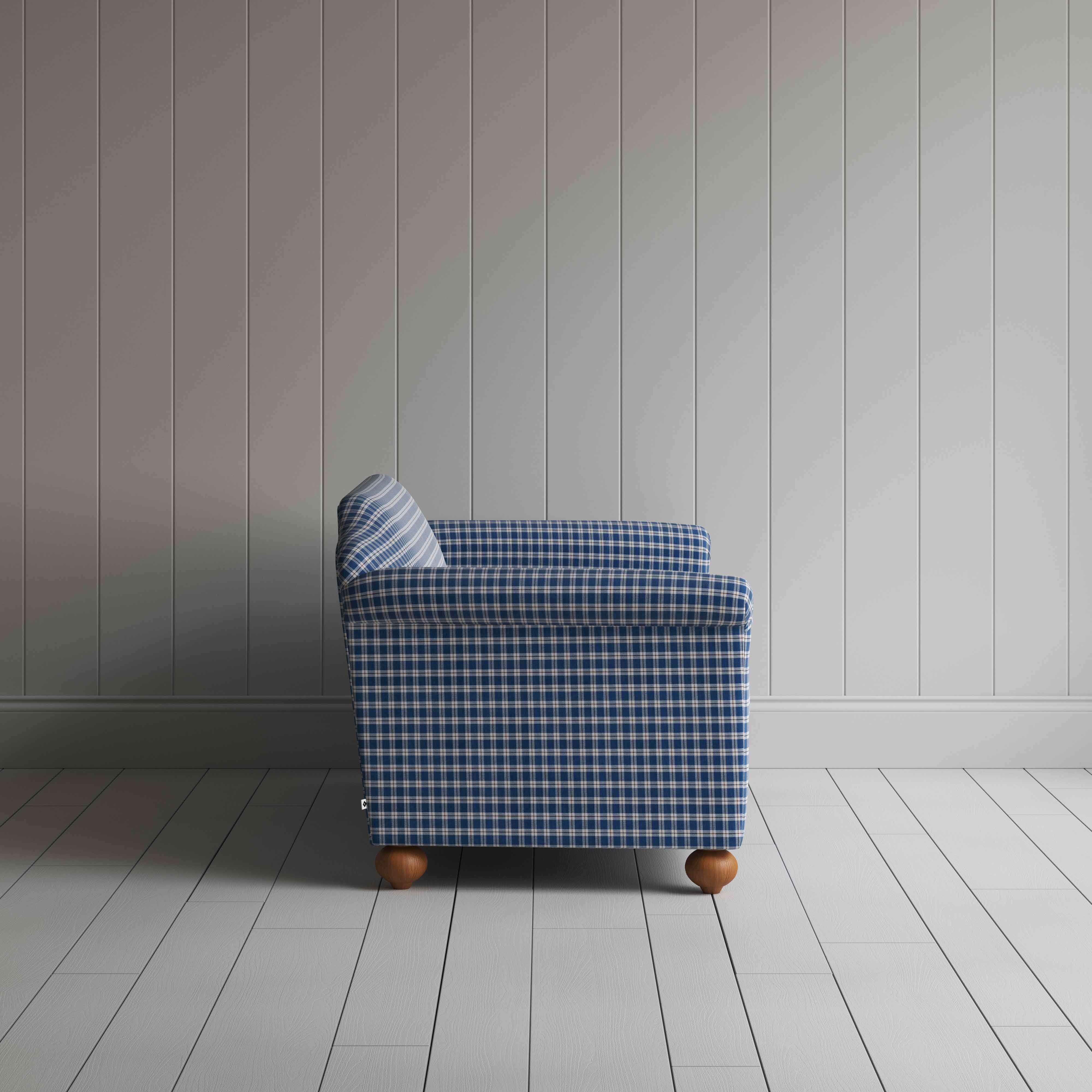 Dolittle 3 Seater Sofa in Well Plaid Cotton, Blue Brown, Side View - Nicola Harding