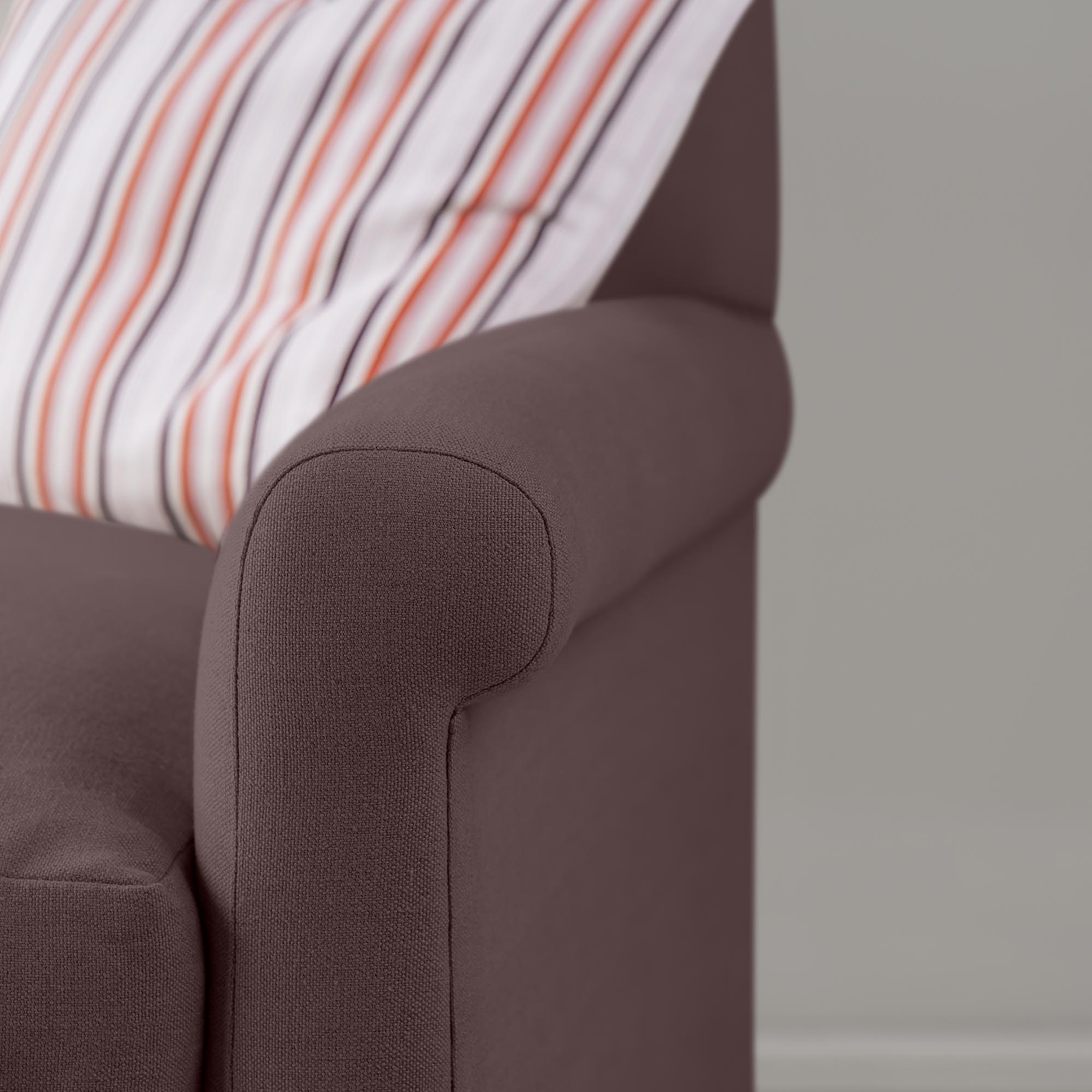 Arm Design Closeup of 4 seater sofa in Laidback Linen Damson - Nicola Harding & Co.