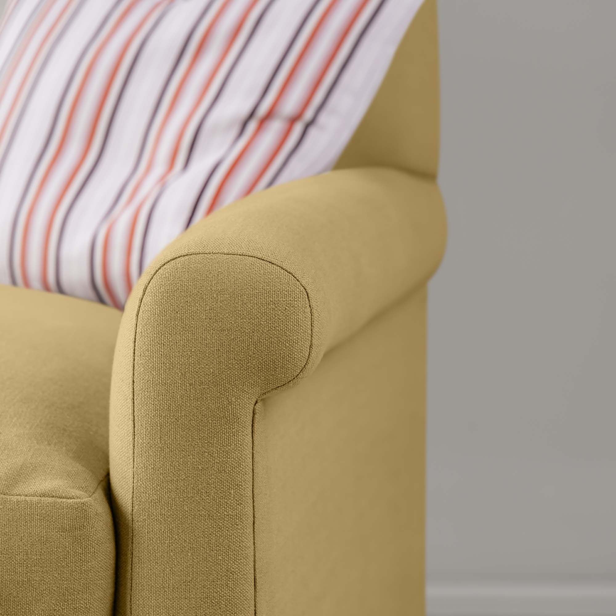Arm Design Closeup of 4 seater sofa in Laidback Linen Ochre - Nicola Harding & Co.