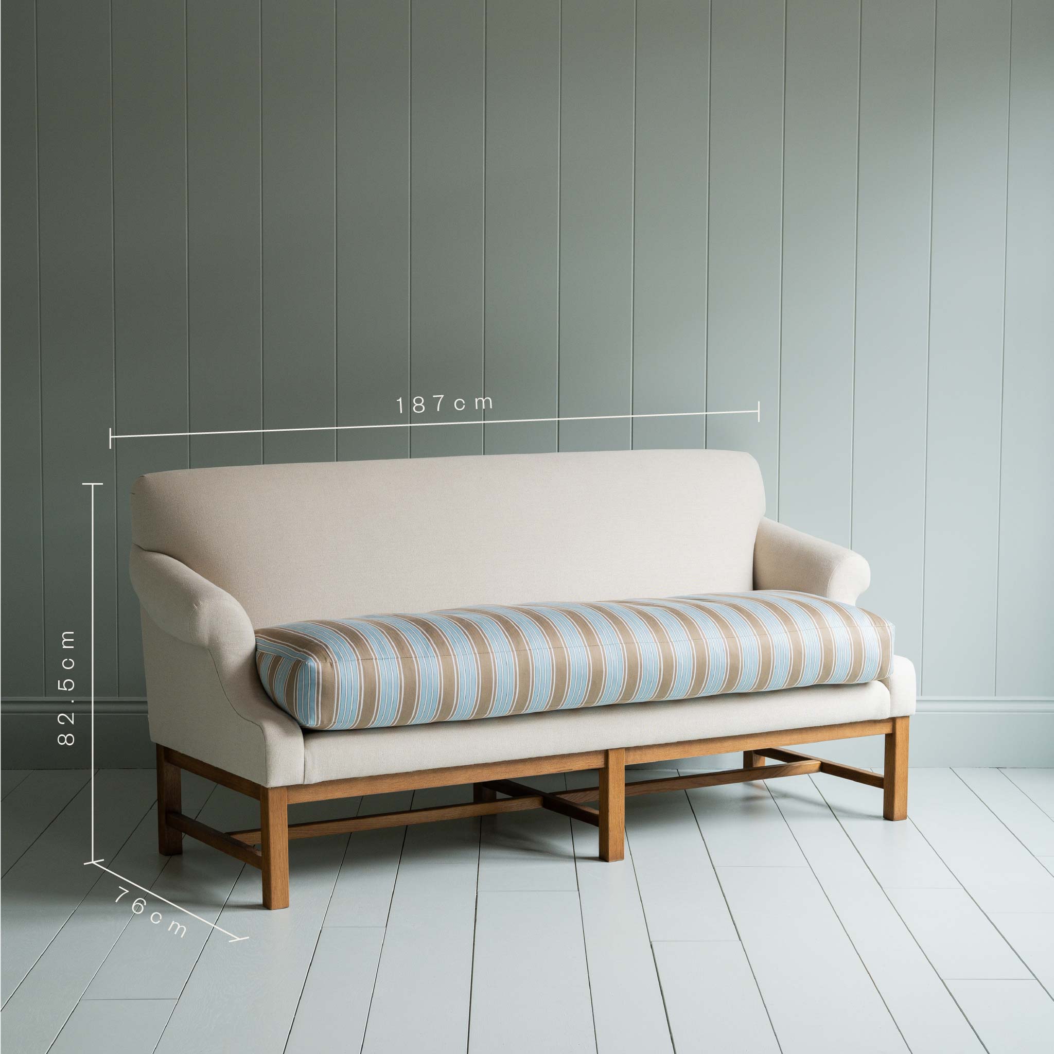 Dimensions of Front Row 3 Seater Upholstered Bench in Laidback Linen Dove Frame and Regatta Cotton Blue Seat. Length is 187cm, Height 82.5cm, and Width 76cm - NiX By Nicola Harding & Co.