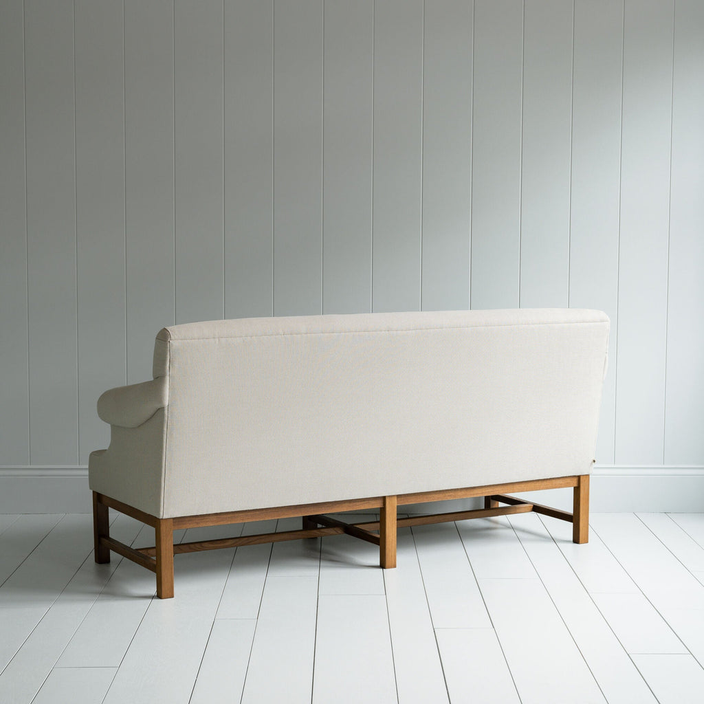 Back View of Front Row 3 Seater Upholstered Bench in Laidback Linen Dove Frame and Regatta Cotton Blue Seat - By NiX