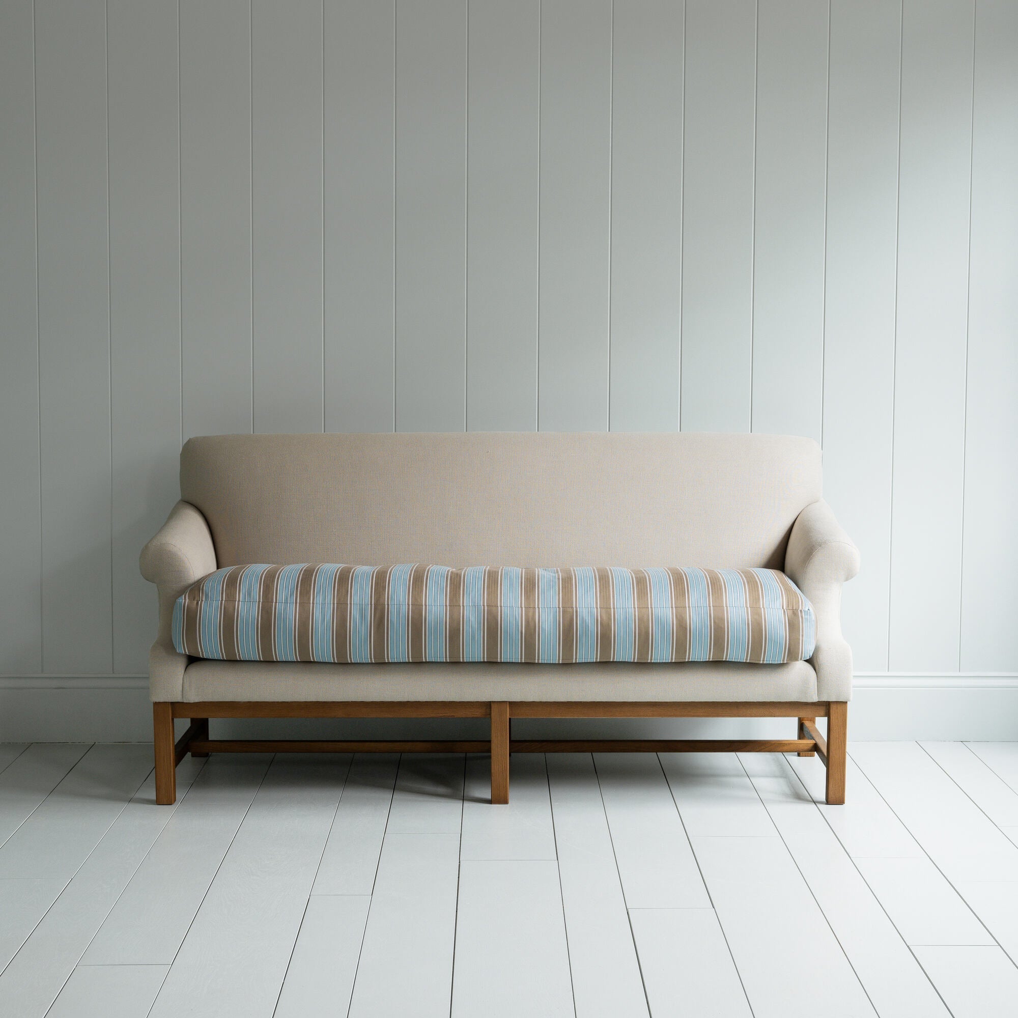 Front View of Front Row 3 Seater Upholstered Bench in Laidback Linen Dove Frame and Regatta Cotton Blue Seat - Nicola Harding & Co.