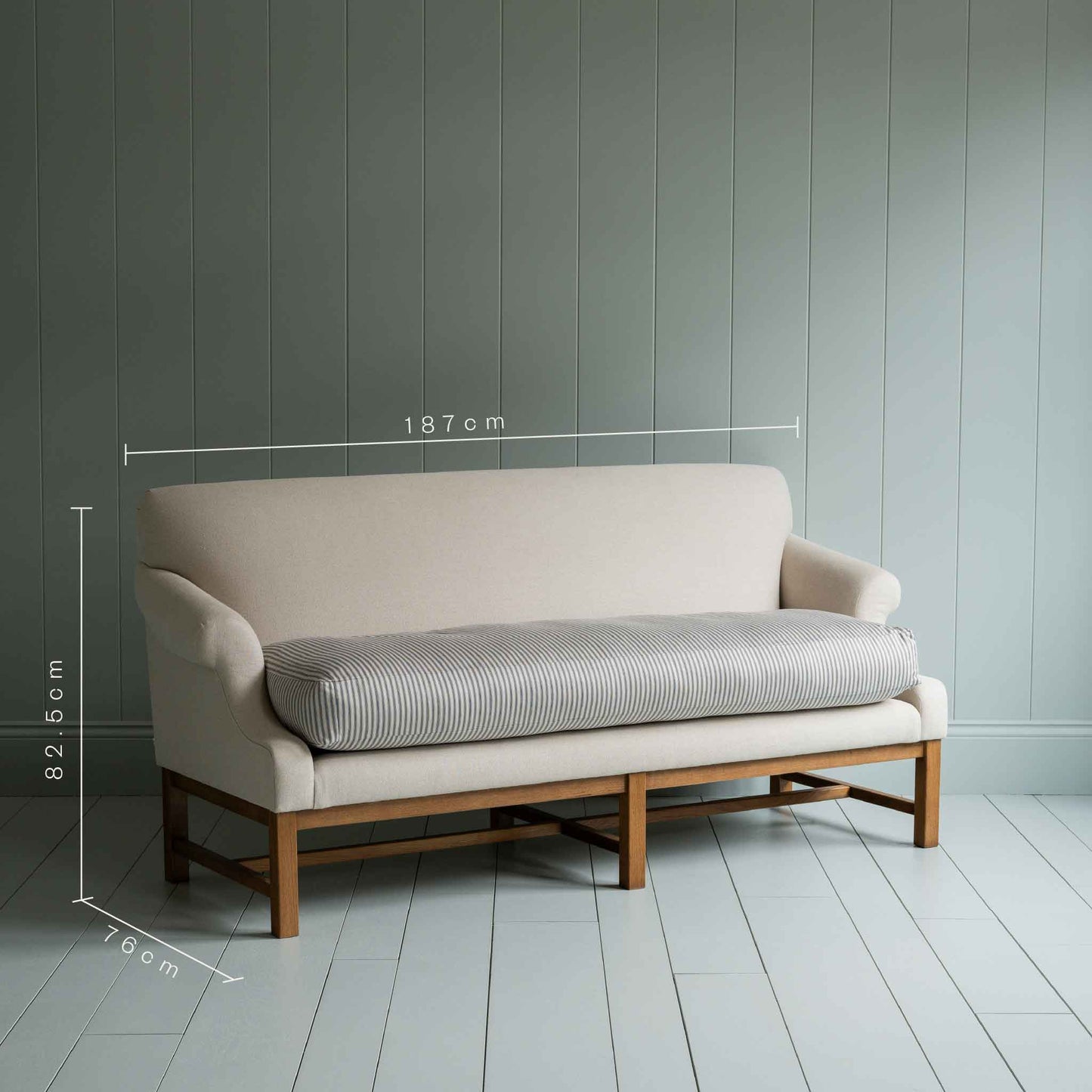 Front Row 3 Seater Upholstered Bench in Laidback Linen Dove Frame and Ticking Cotton Blue Brown Seat - Nicola Harding