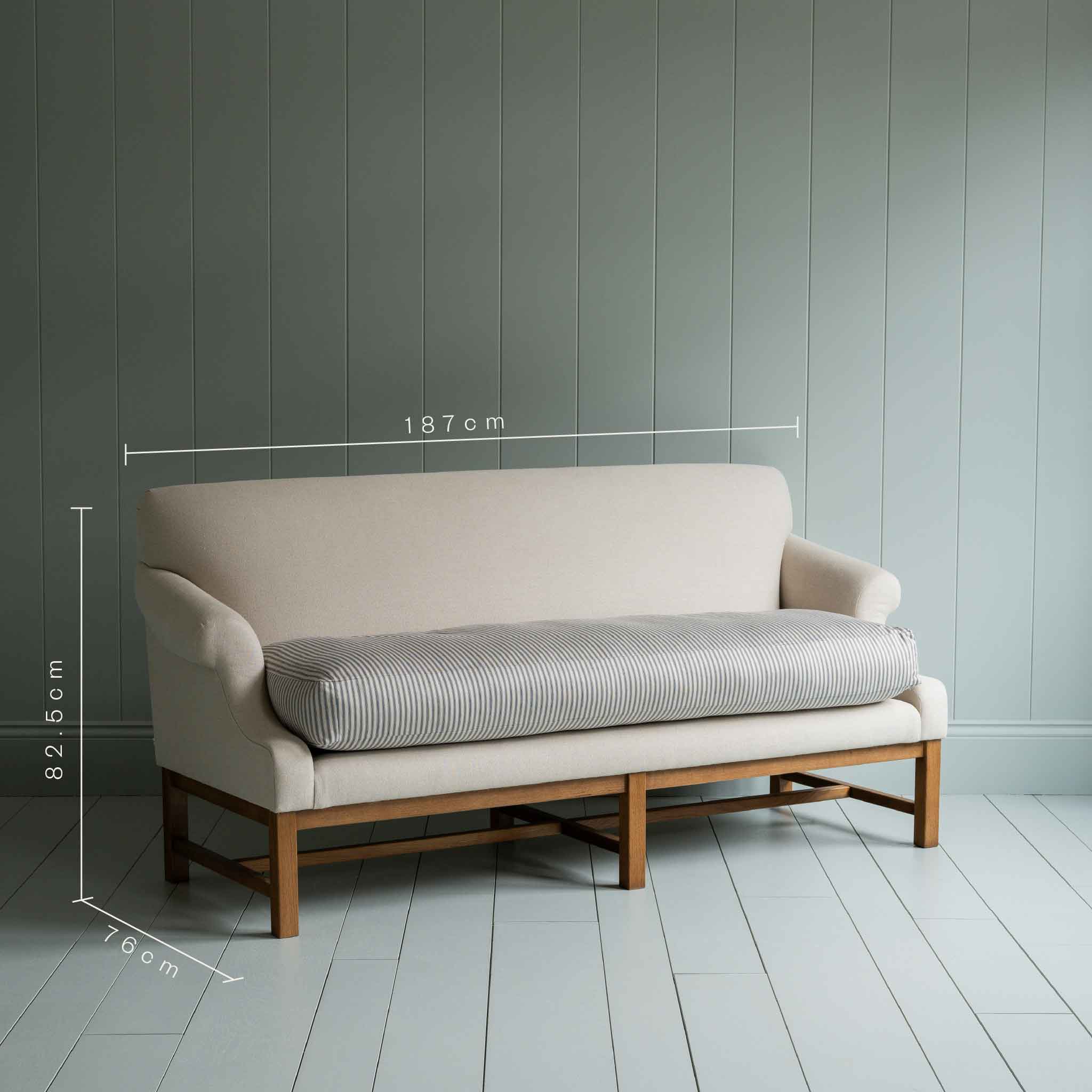 Front Row 3 Seater Upholstered Bench in Laidback Linen Dove Frame and Ticking Cotton Blue Brown Seat - Nicola Harding