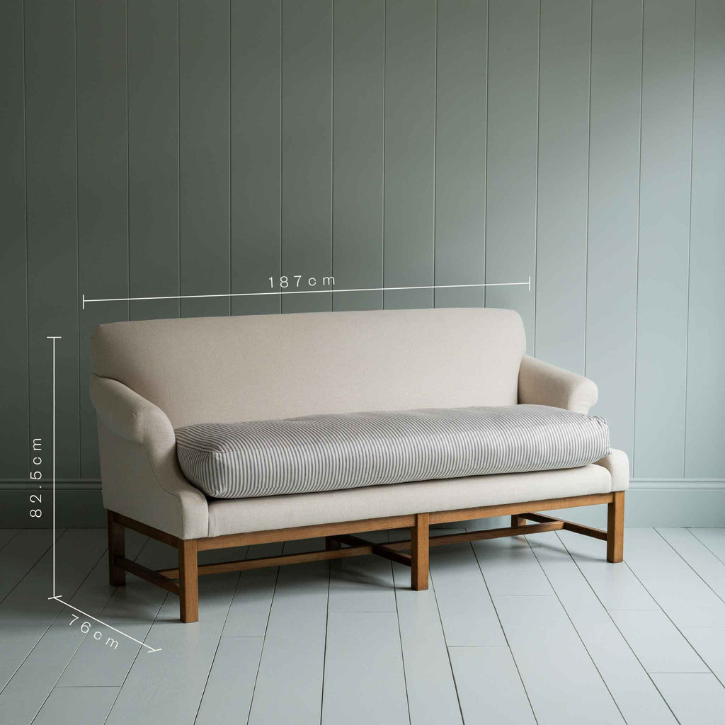 Front Row 3 Seater Upholstered Bench in Laidback Linen Dove Frame and Ticking Cotton Blue Brown Seat - Nicola Harding