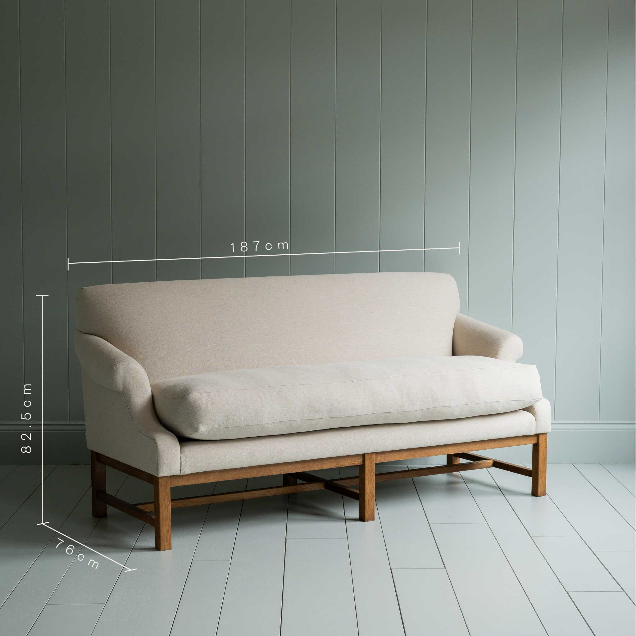 Dimensions of Front Row 3 Seater Upholstered Bench in Laidback Linen Dove. Length 187cm, Height 82.5cm, and Width 76cm - Nicola Harding & Co.