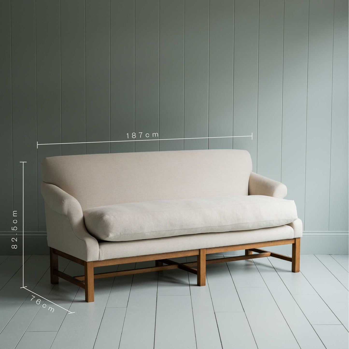 Dimensions of Front Row 3 Seater Upholstered Bench in Laidback Linen Dove. Length 187cm, Height 82.5cm, and Width 76cm - Nicola Harding & Co.