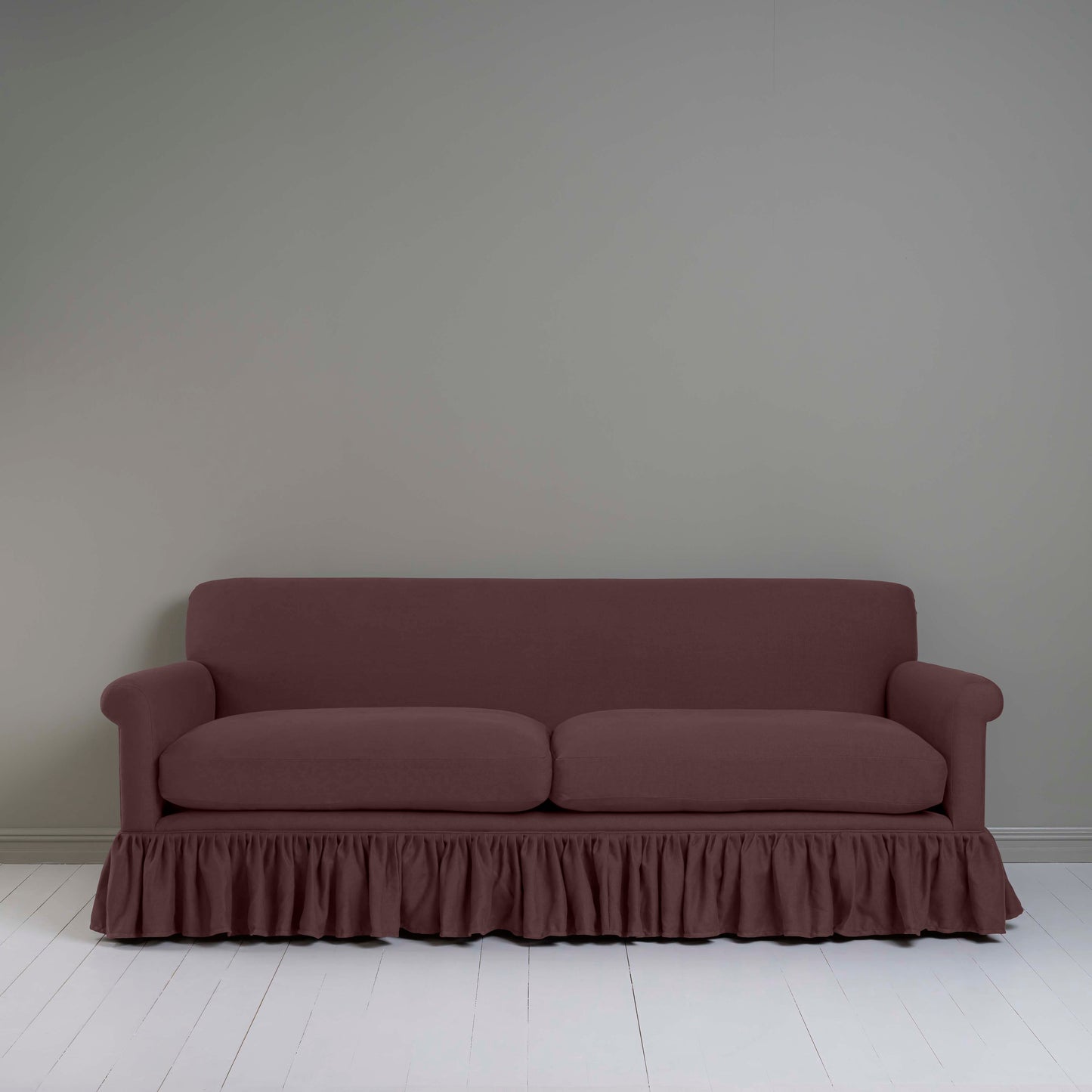 Front View of Curtain Call 4 seater sofa in Laidback Linen Damson - Nicola Harding