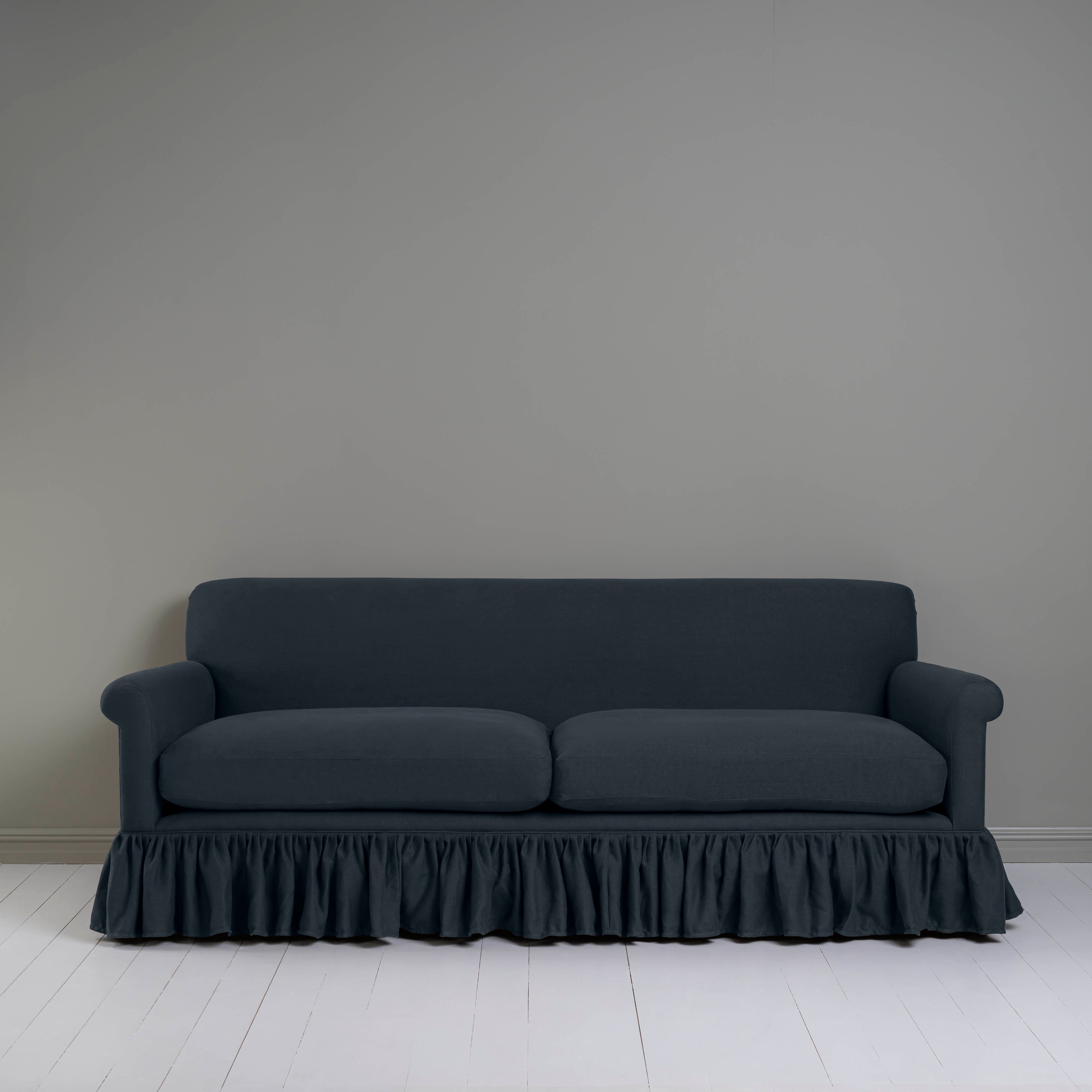 Curtain Call 4 Seater Sofa in Laidback Linen Midnight, Front View - Nicola Harding
