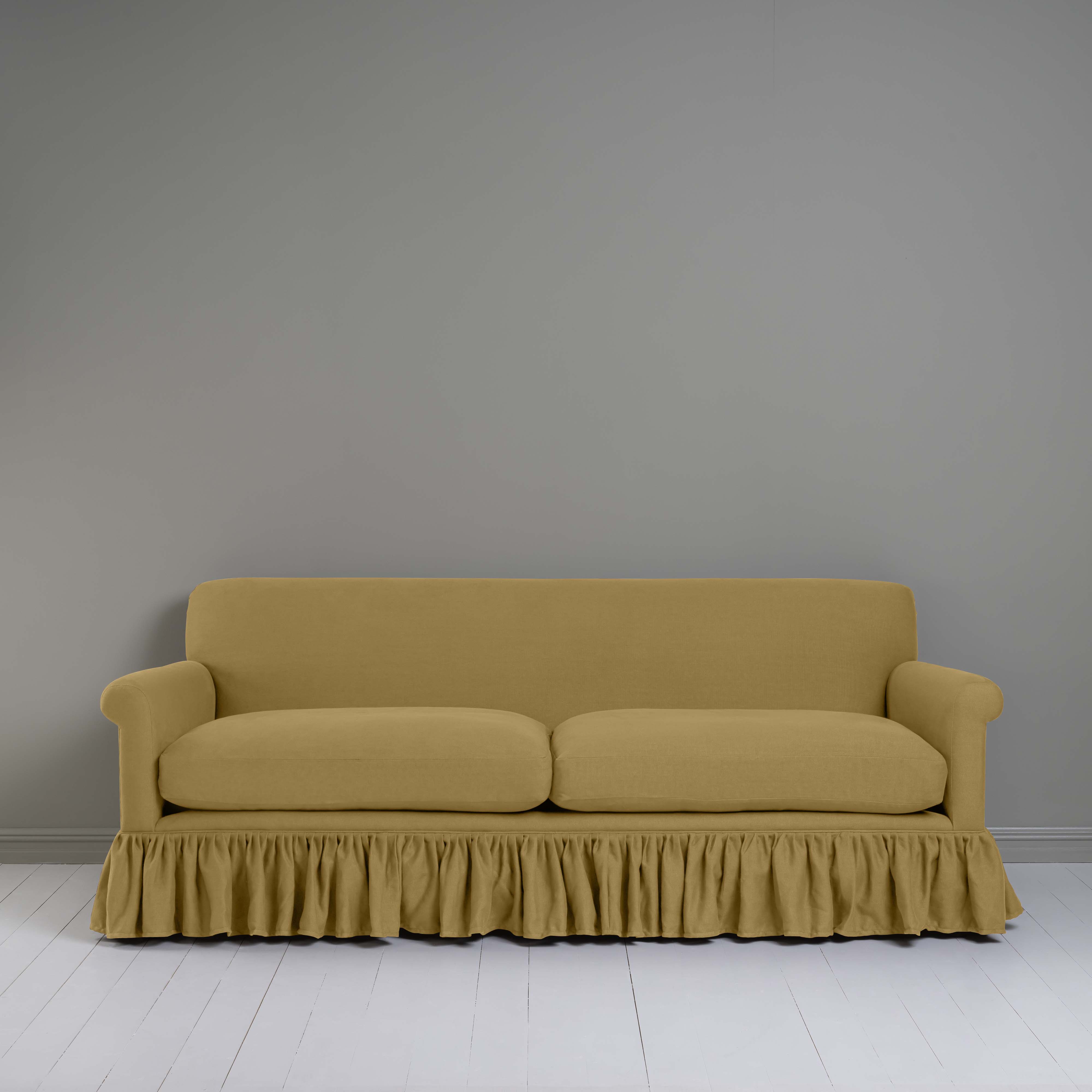 Curtain Call 4 Seater Sofa in Laidback Linen Ochre, Front View - Nicola Harding