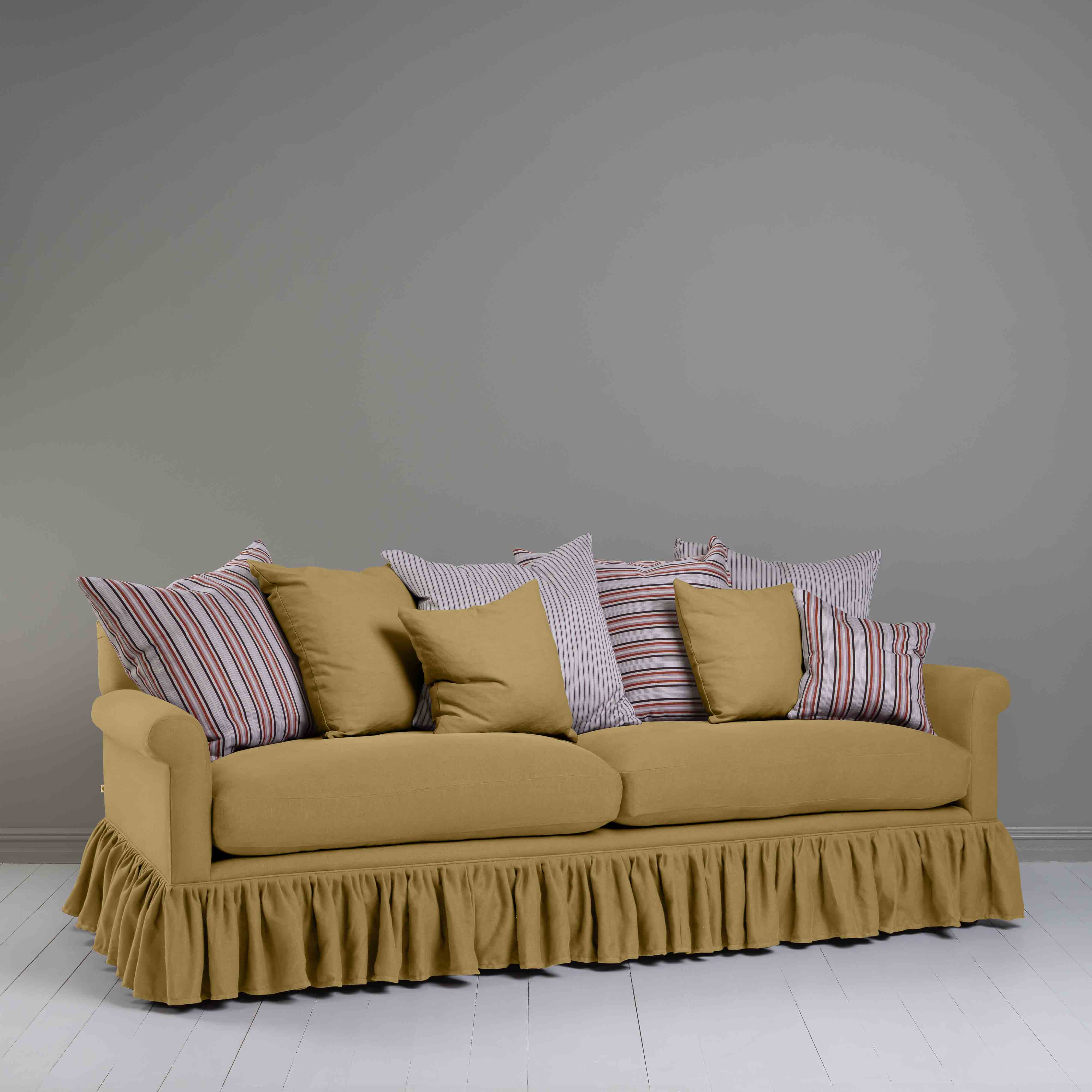 Curtain Call 4 Seater Sofa in Laidback Linen Ochre, With Multiple Cushions - Nicola Harding