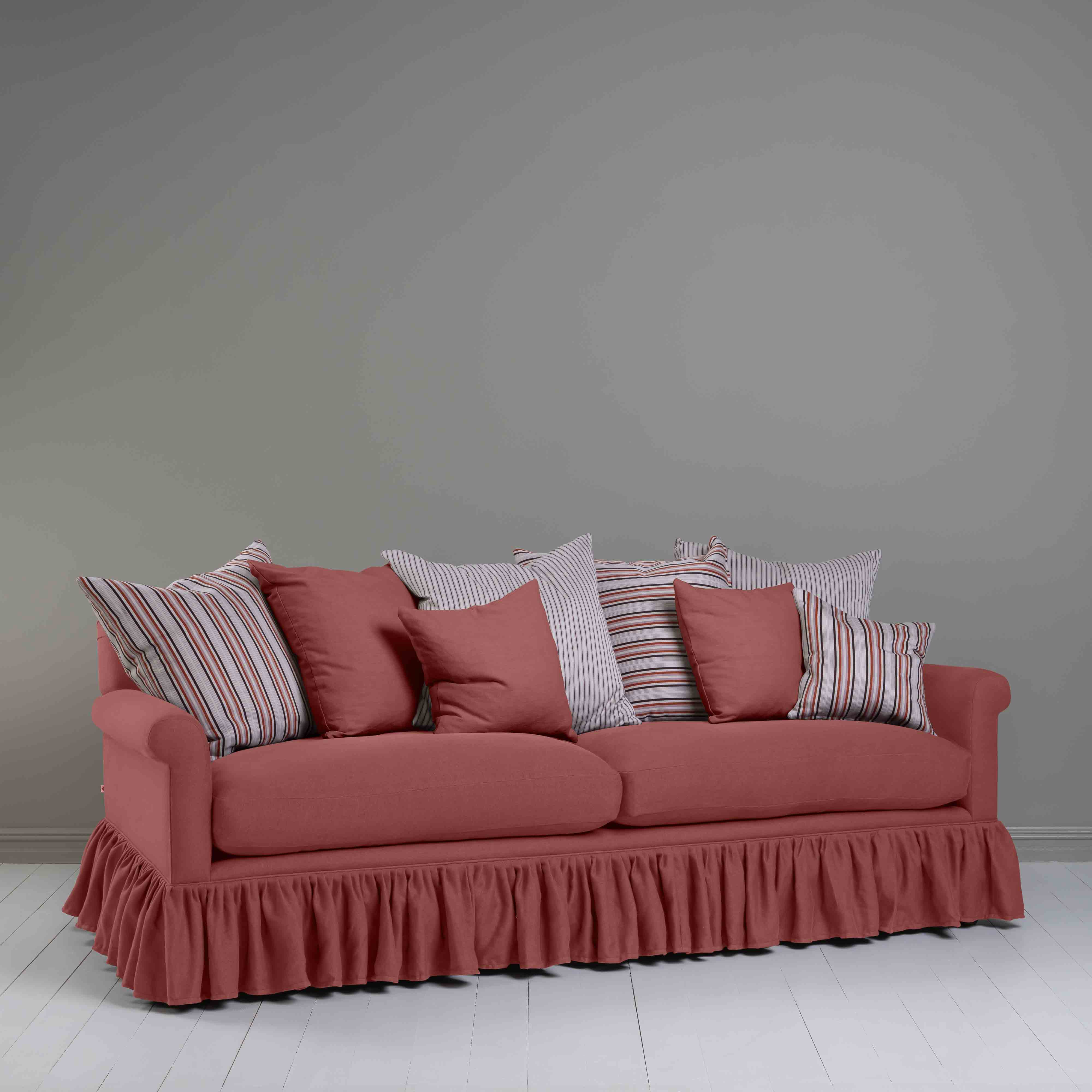 Curtain Call 4 Seater Sofa in Laidback Linen Rouge, With Multiple Cushions - Nicola Harding