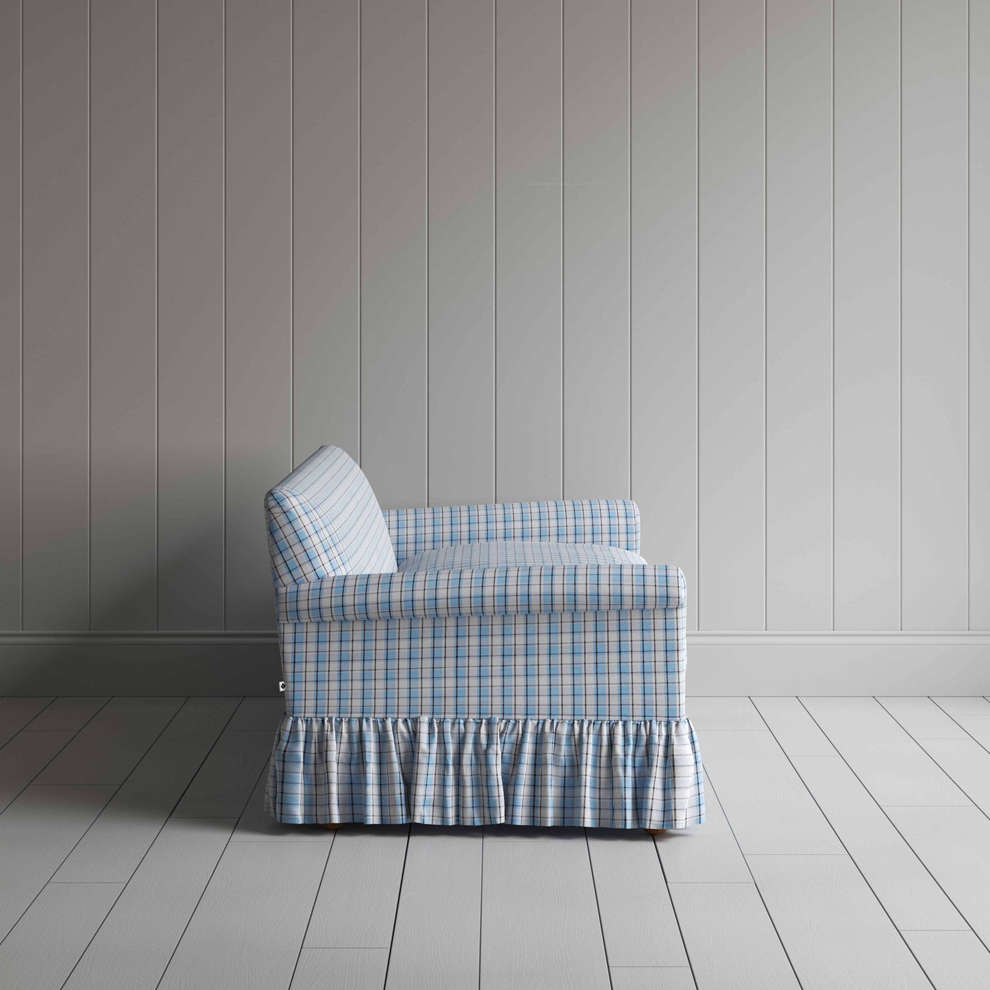 Curtain Call 4 Seater Sofa in Square Deal Cotton, Blue Brown, Side View - Nicola Harding