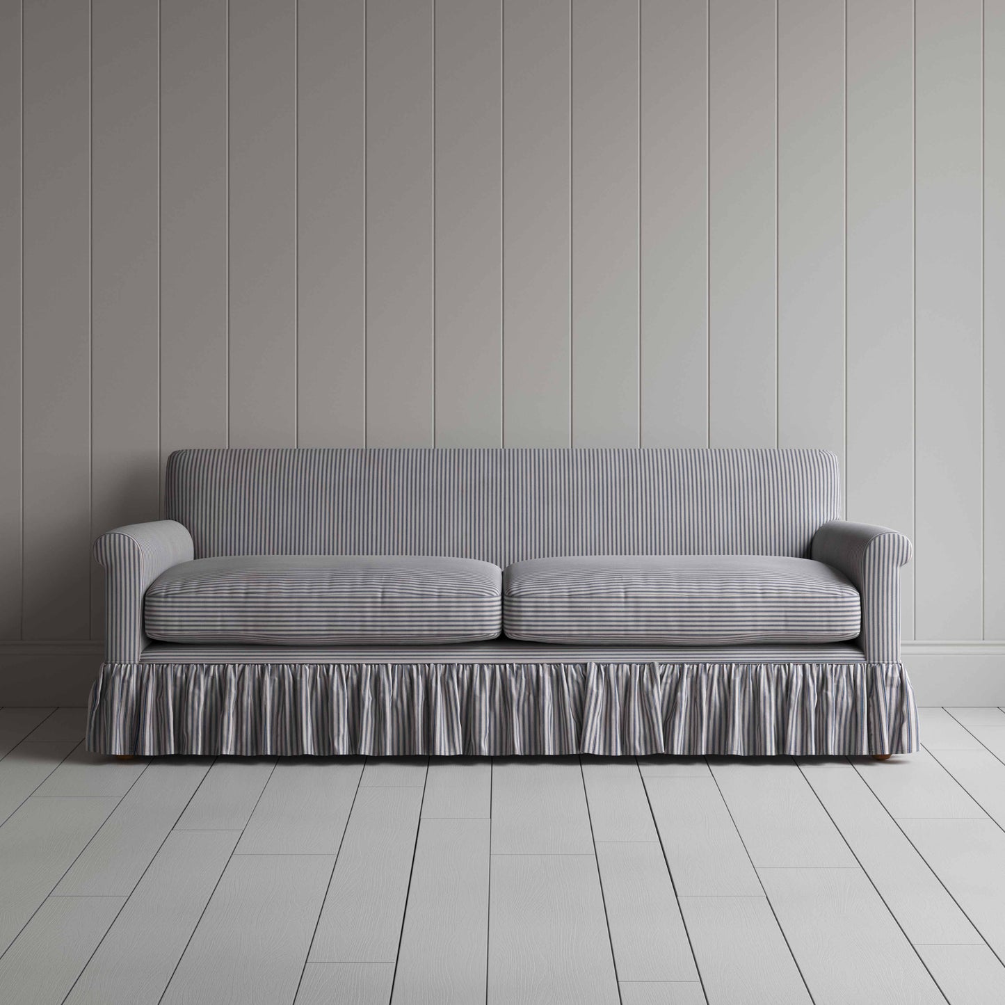 Curtain Call 4 Seater Sofa in Ticking Cotton, Blue Brown - Nicola Harding