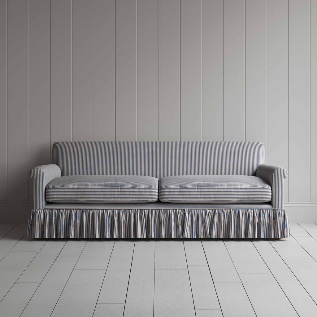 Curtain Call 4 Seater Sofa in Ticking Cotton, Blue Brown - Nicola Harding