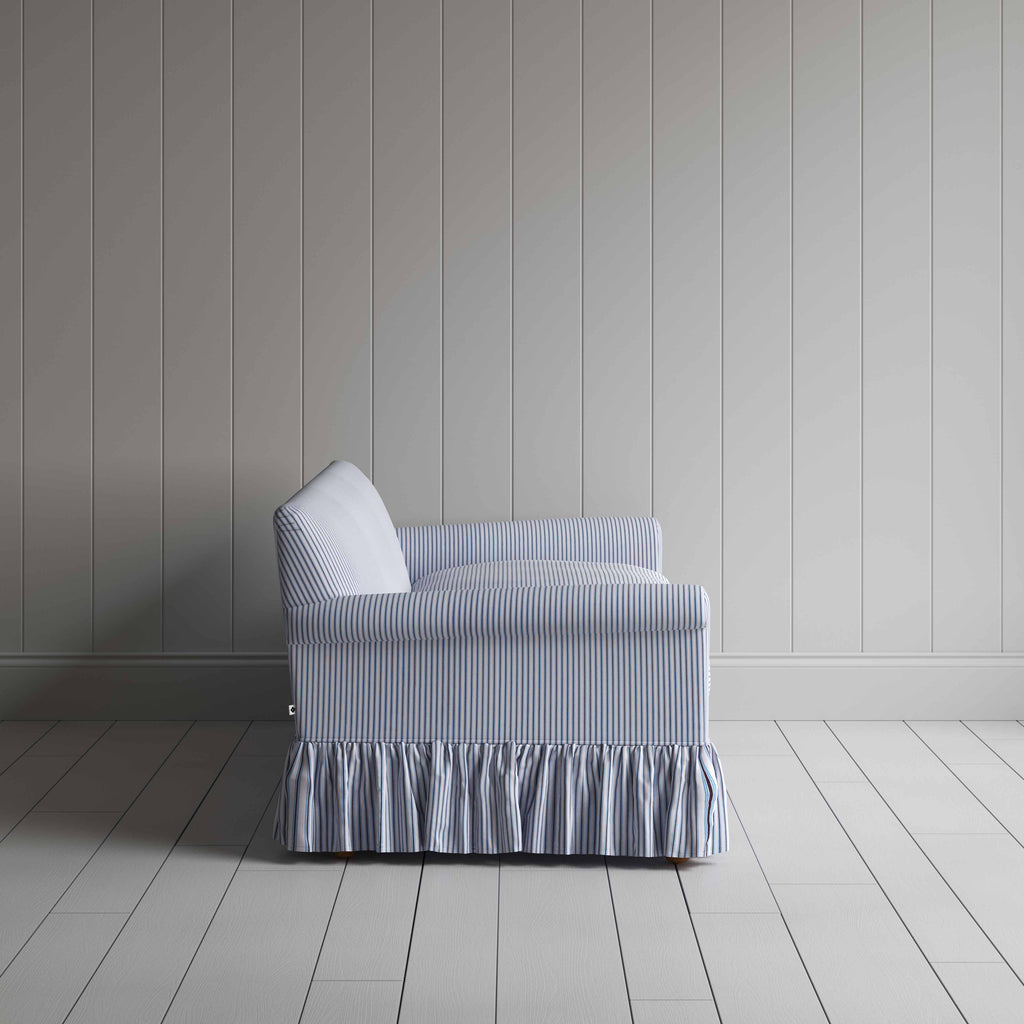 Curtain Call 4 Seater Sofa in Ticking Cotton, Aqua Brown, Side View - Nicola Harding