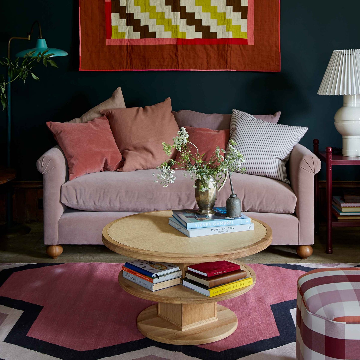 Dolittle Sofa With NiX Special Square Cushions, With Coffee Table and a Red Side Table With the White Base Lamp & White Lamp Shade - Nicola Harding