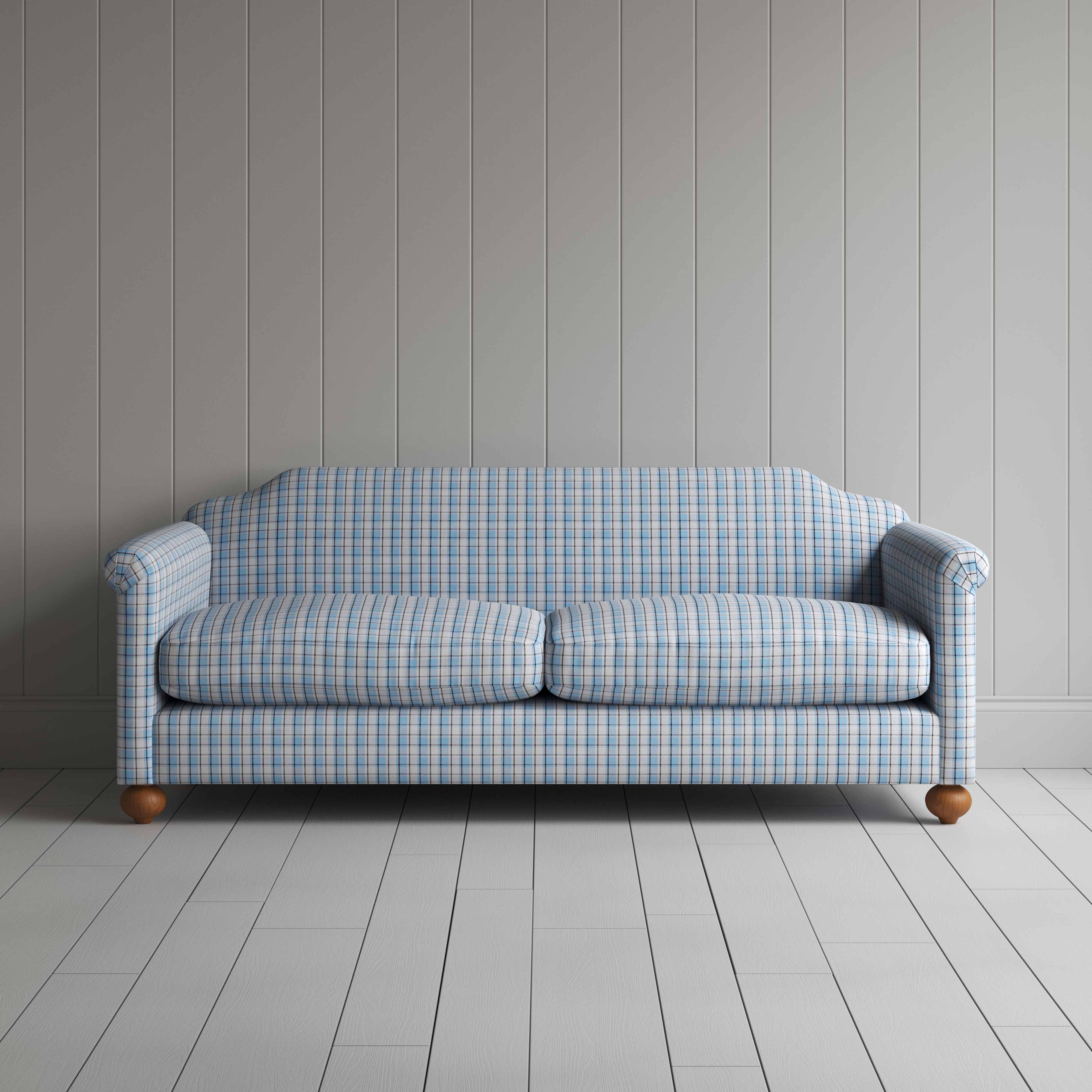Dolittle 4 Seater Sofa in Square Deal Cotton, Blue Brown, Front View - Nicola Harding