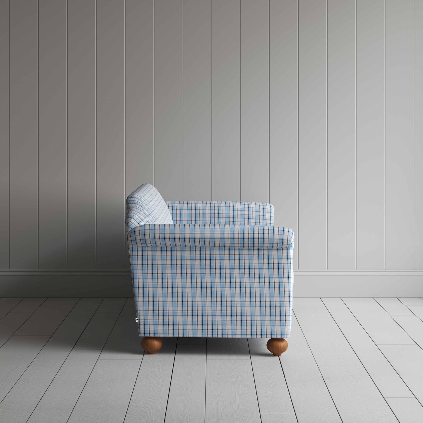 Dolittle 4 Seater Sofa in Square Deal Cotton, Blue Brown, Side View - Nicola Harding