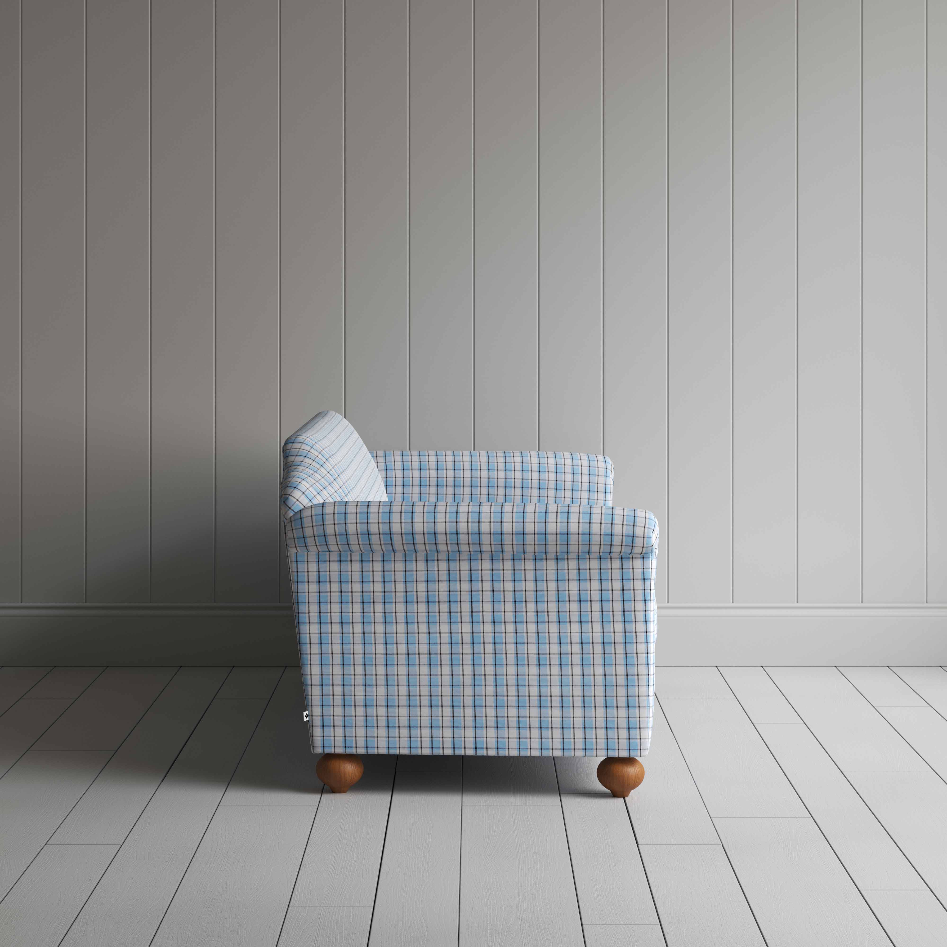 Dolittle 4 Seater Sofa in Square Deal Cotton, Blue Brown, Side View - Nicola Harding