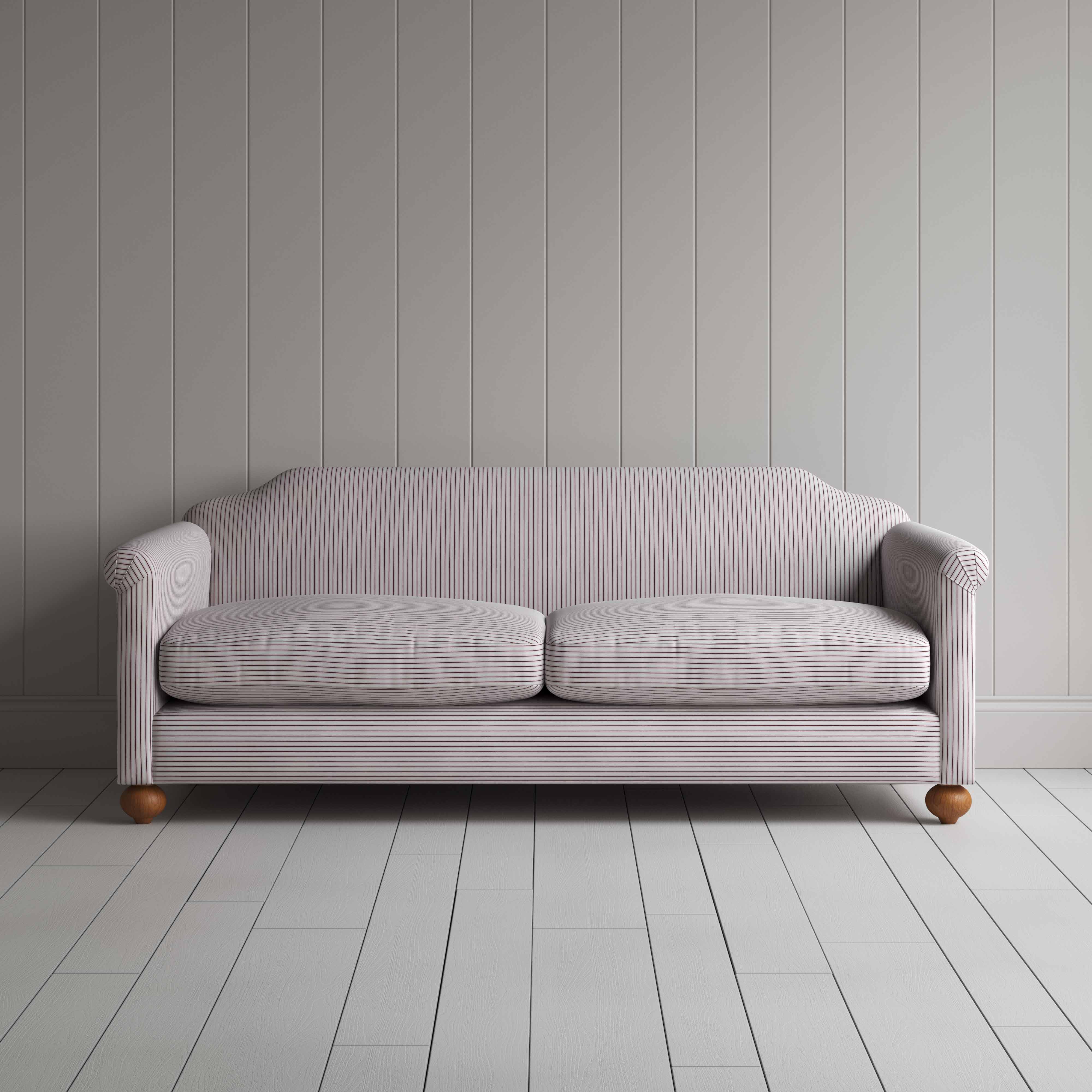 Dolittle 4-Seater Sofa in Ticking Cotton, Berry, Front View - Nicola Harding