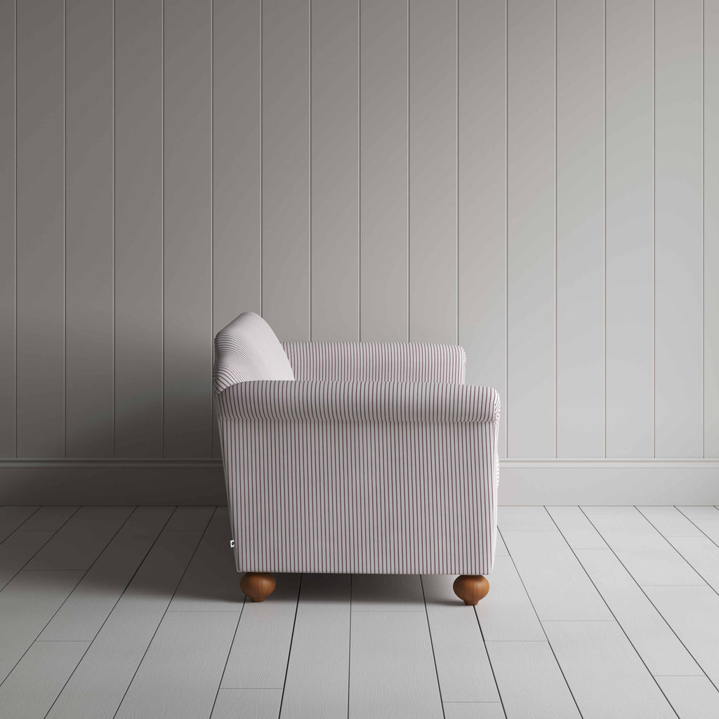 Dolittle 4 Seater Sofa in Ticking Cotton, Berry, Side View - Nicola Harding