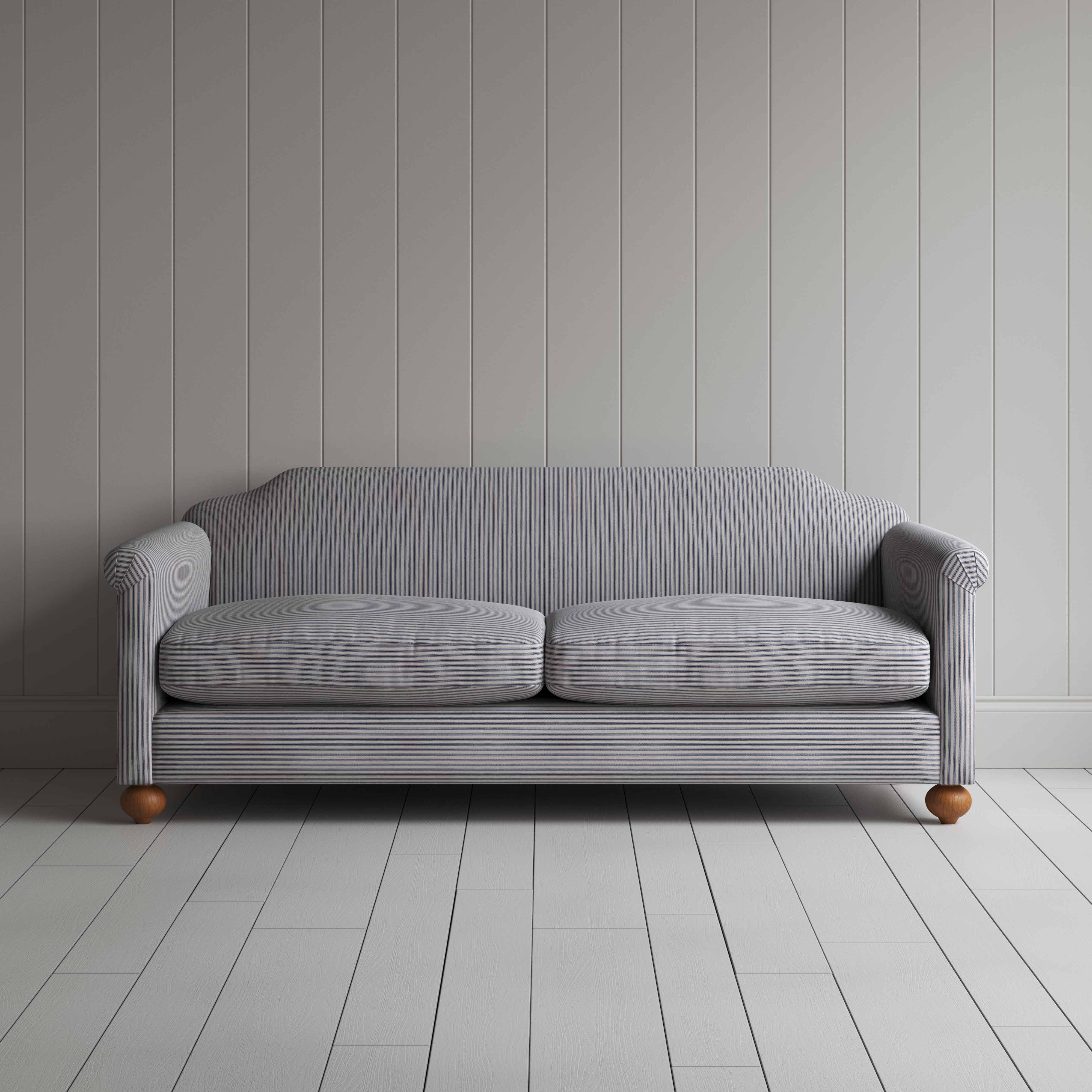 Dolittle 4 Seater Sofa in Ticking Cotton, Blue Brown, Front View - Nicola Harding