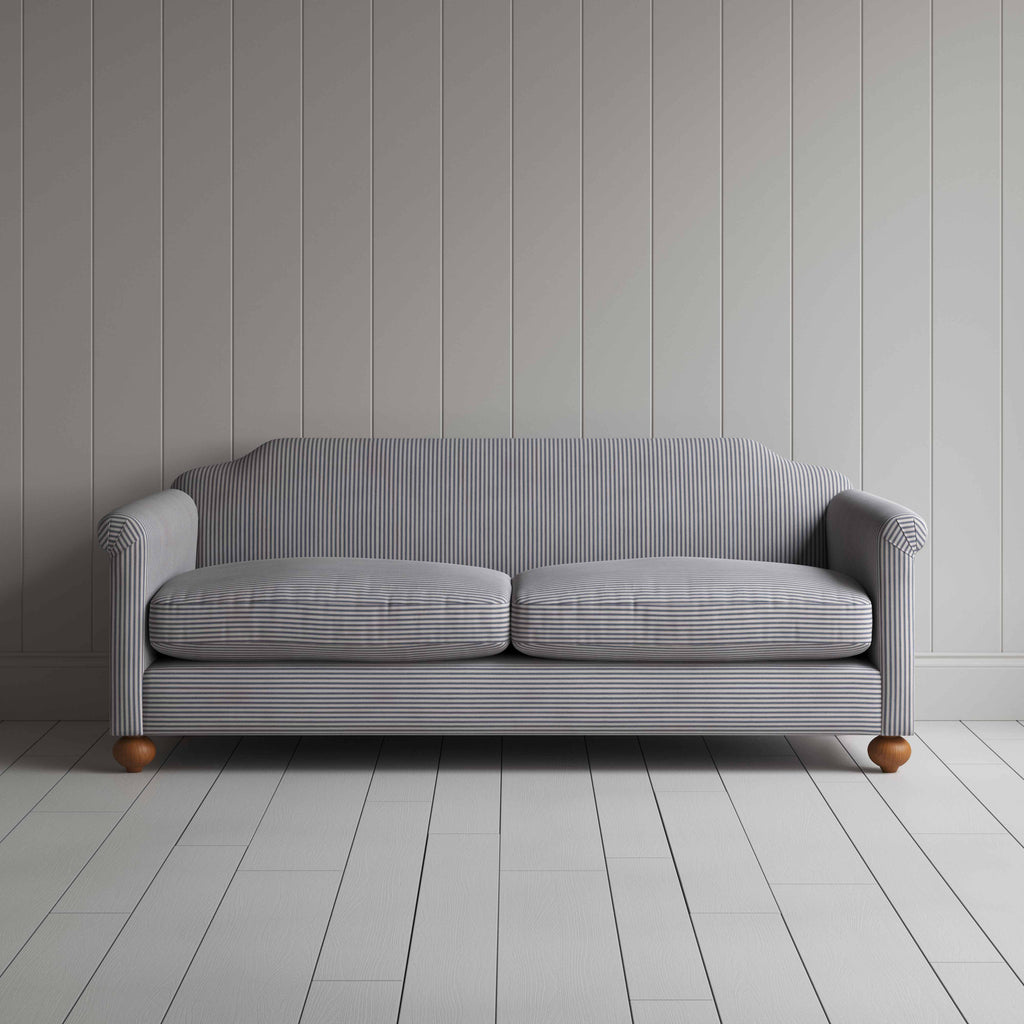 Dolittle 4 Seater Sofa in Ticking Cotton, Blue Brown, Front View - Nicola Harding