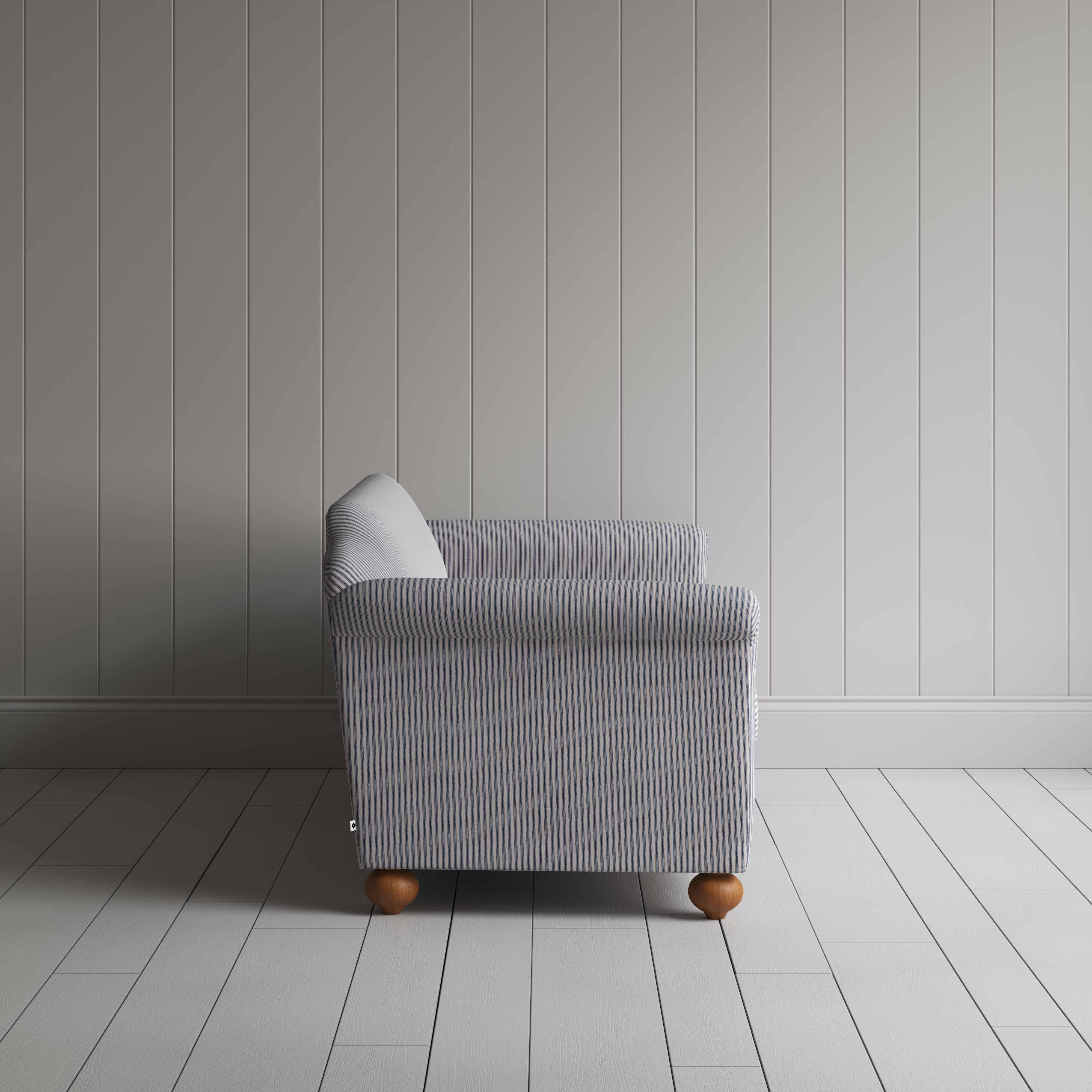 Dolittle 4 Seater Sofa in Ticking Cotton, Blue Brown, Side View - Nicola Harding