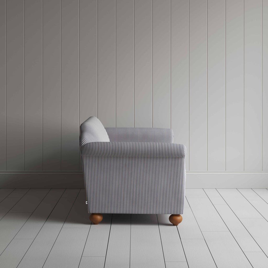Dolittle 4 Seater Sofa in Ticking Cotton, Blue Brown, Side View - Nicola Harding