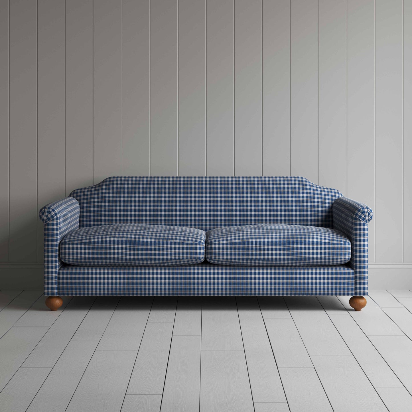 Dolittle 4 Seater Sofa in Well Plaid Cotton, Blue Brown, Front View - Nicola Harding