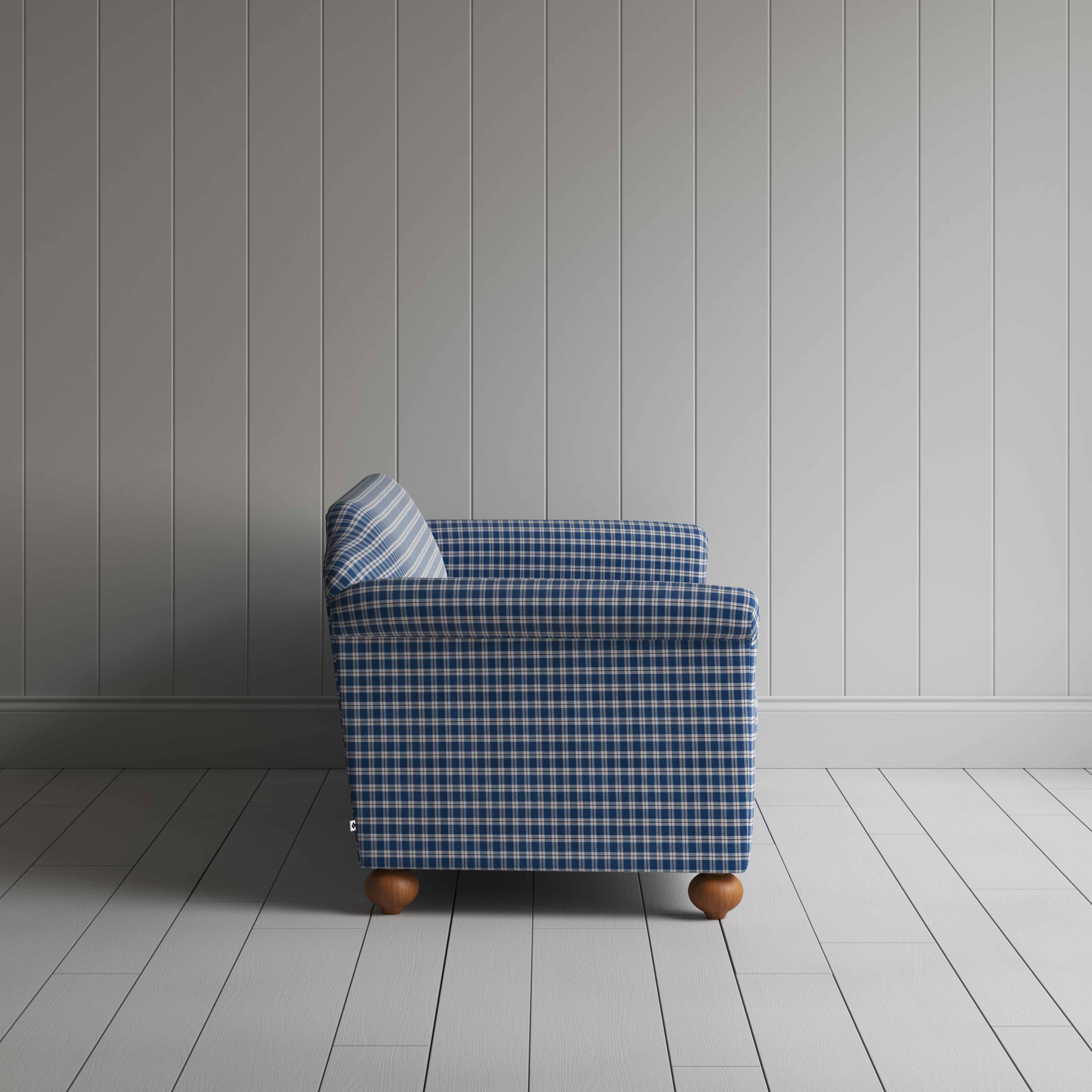 Dolittle 4 Seater Sofa in Well Plaid Cotton, Blue Brown, Side View - Nicola Harding