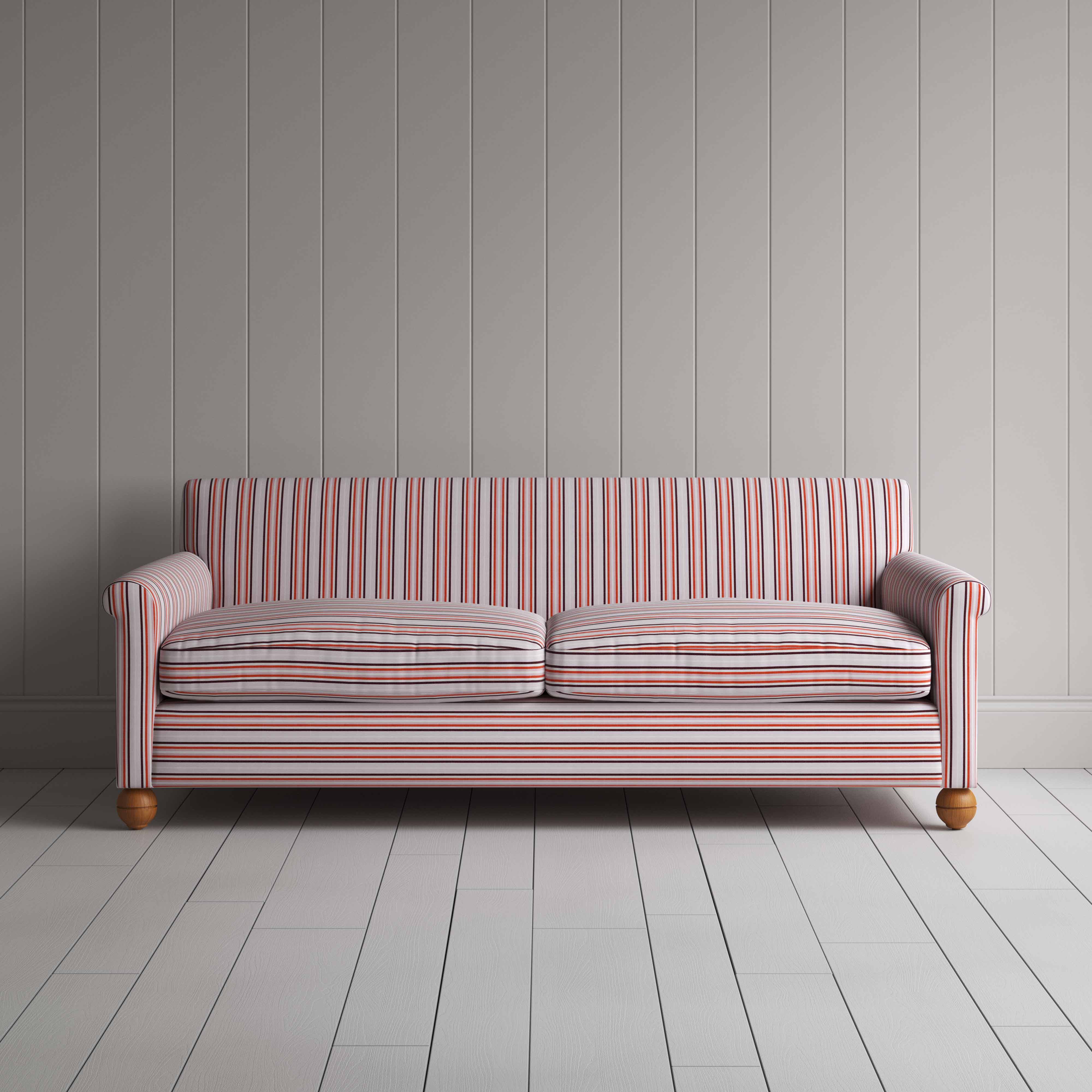 Front View of 4 Seater Sofa in Slow Lane Cotton Linen, Berry - Nicola Harding